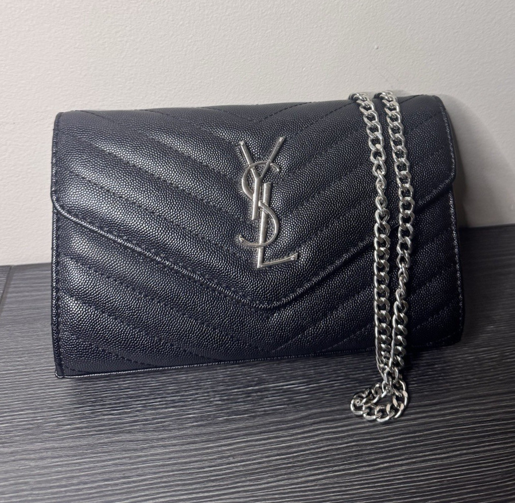 Saint Laurent Women’s Black Quilted Chevron Wallet on Chain w/ Silver Hardware
