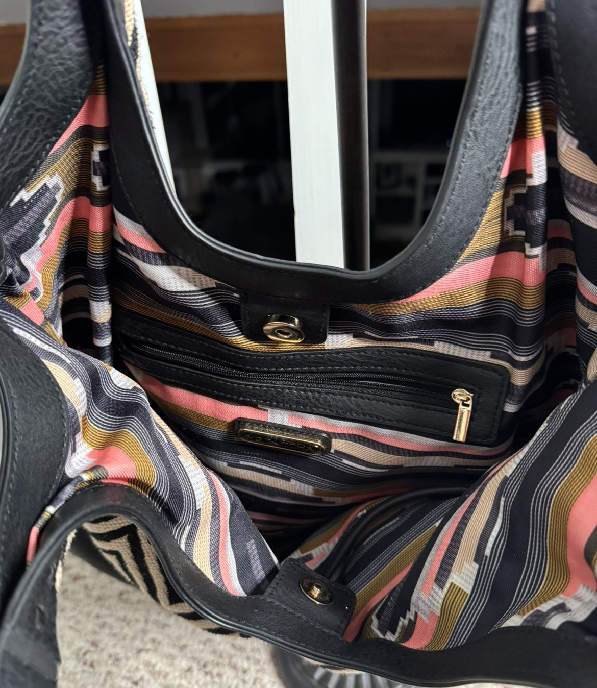 Large Big Buddha Black/Cream Chevron Shoulder Bag Tassel Snap Closure Hobo Bag