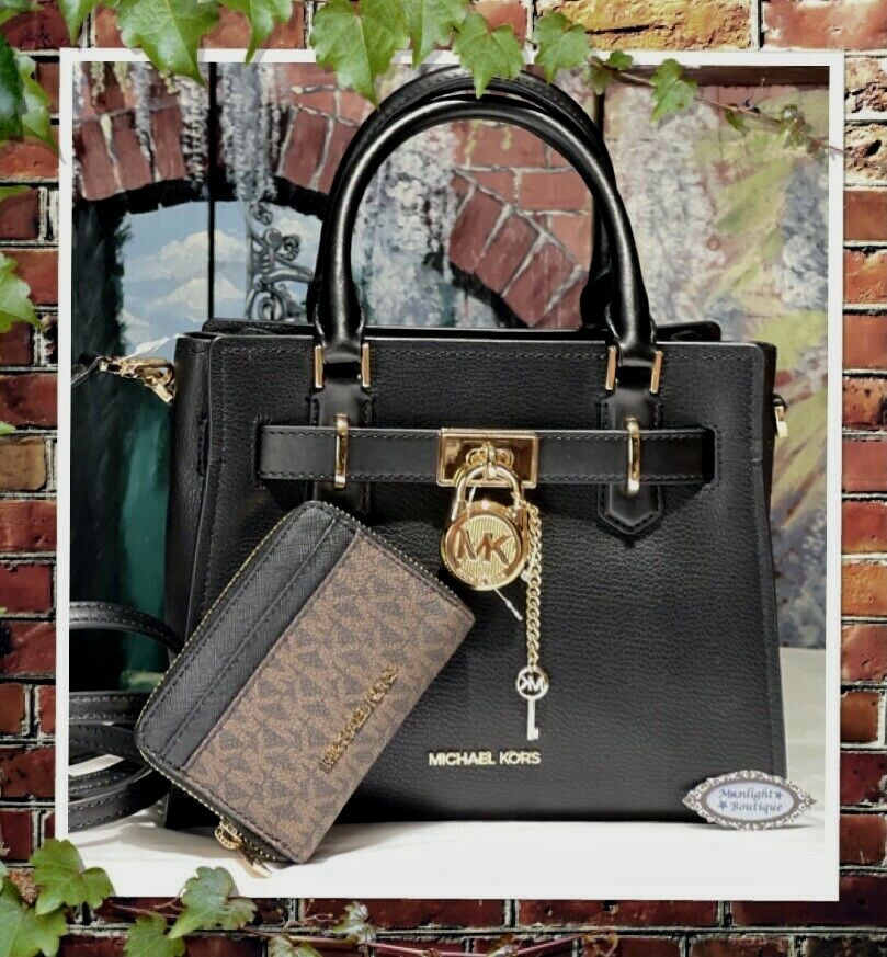 NWT Michael Kors HAMILTON SMALL Top Zip Satchel BAG + WALLET In BLACK Leather