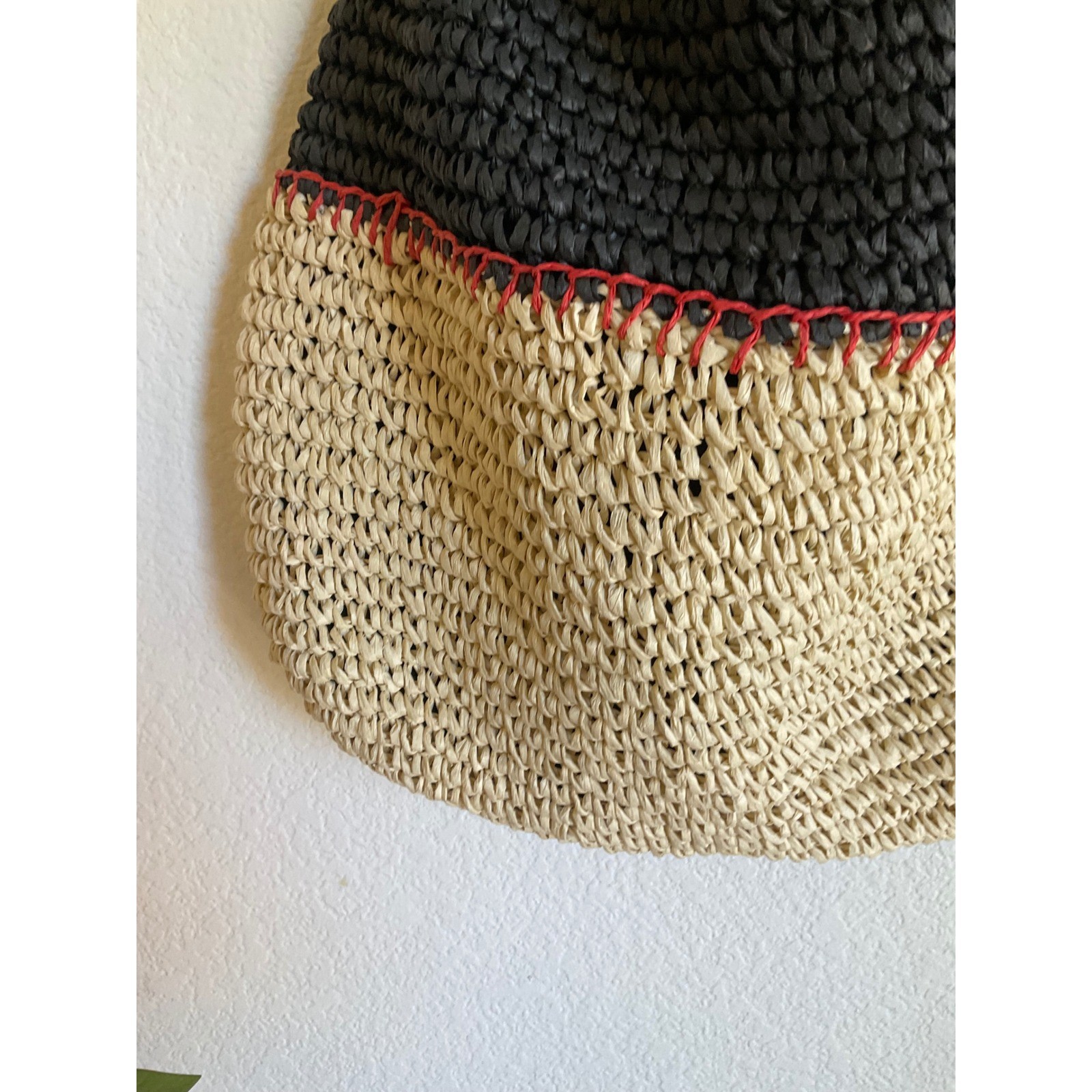 Sonoma Goods For Life Woven Straw Hobo Bag Black Tan Colorblock Red Whipstitch