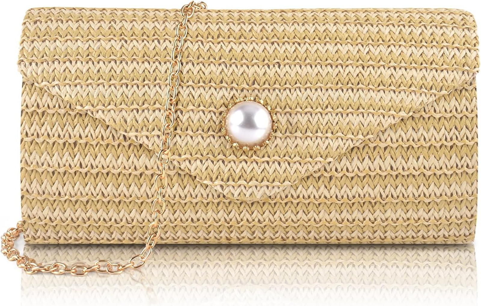 Straw Clutch Purse for Women Pearl Decoration Boho Crossbody Bag Travel Party