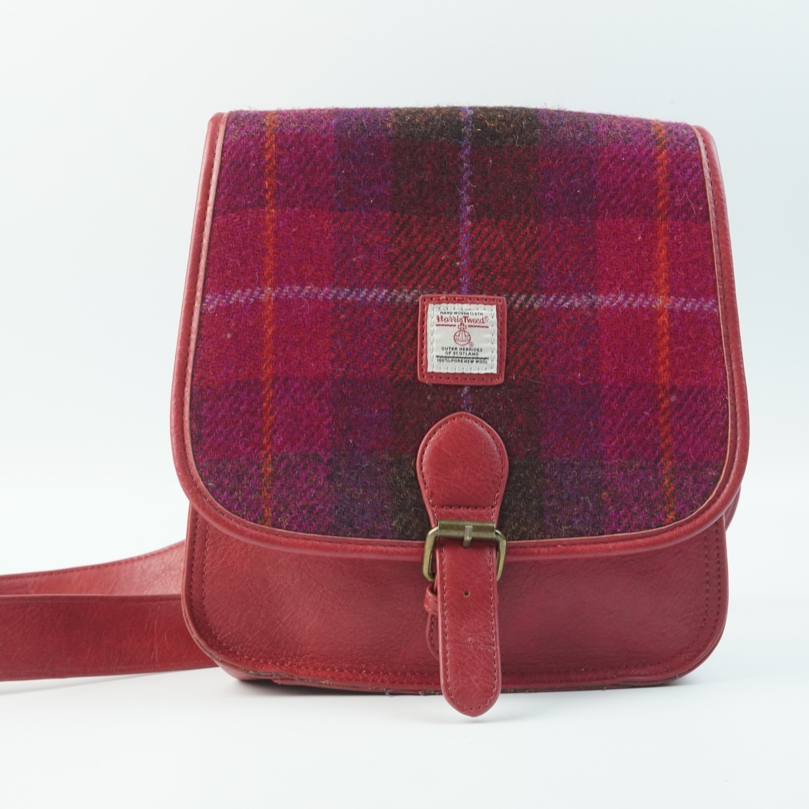 Islander Harris Tweed Saddle Bag Crossbody Fuchsia Red Plaid Tartan Wool Purse