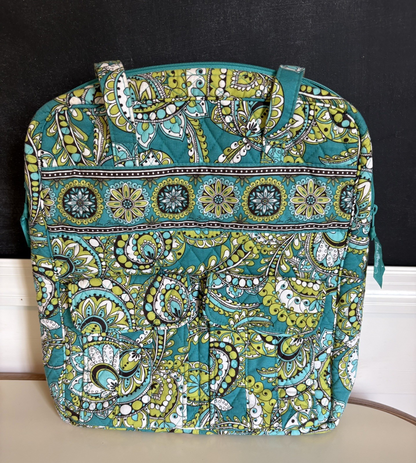 Vera Bradley Teal Peacock pattern (Retired) Tall Zip Tote, 14x12x3 inches.
