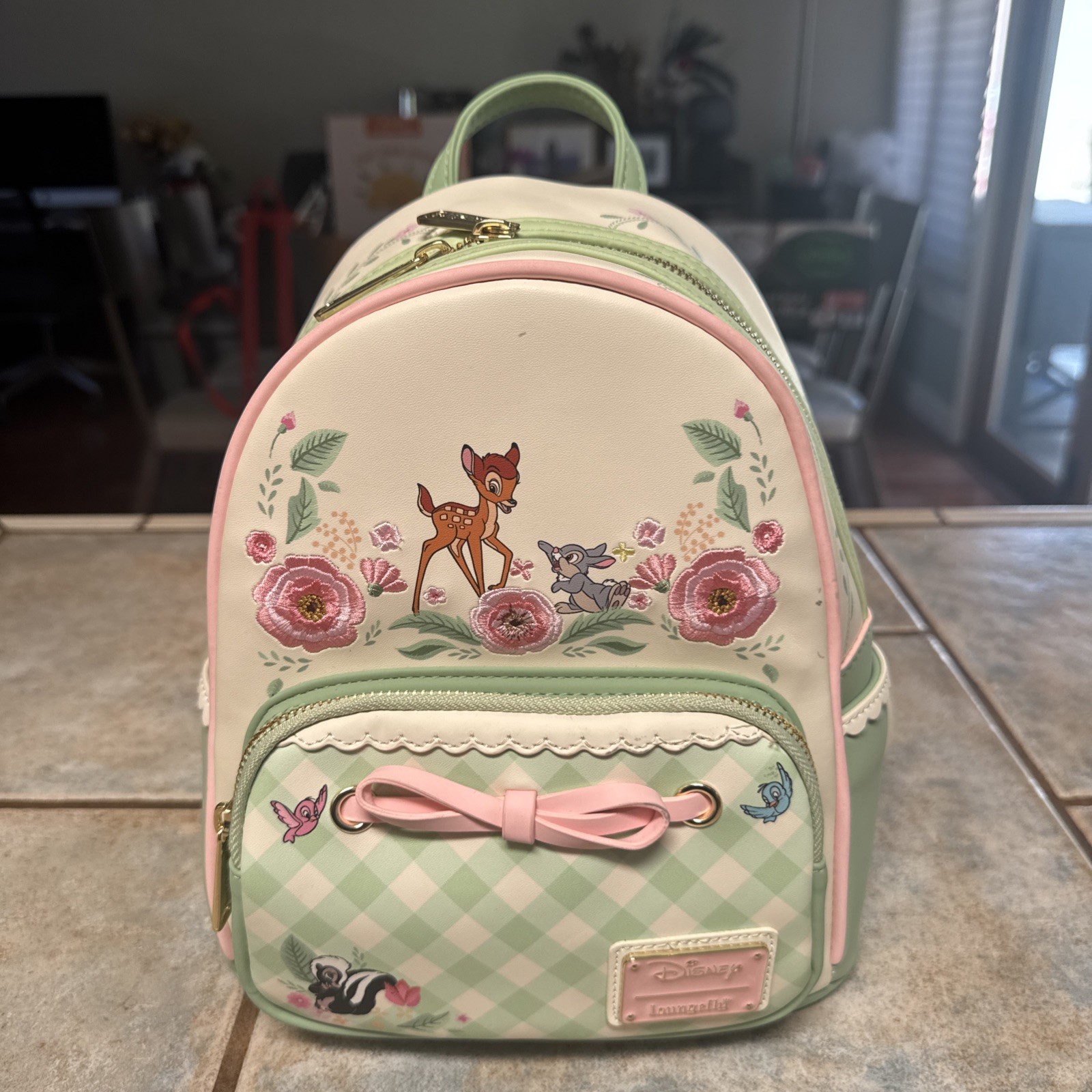 Disney Loungefly Bambi Spring Flowers Gingham Mini Backpack Green Pink Cream