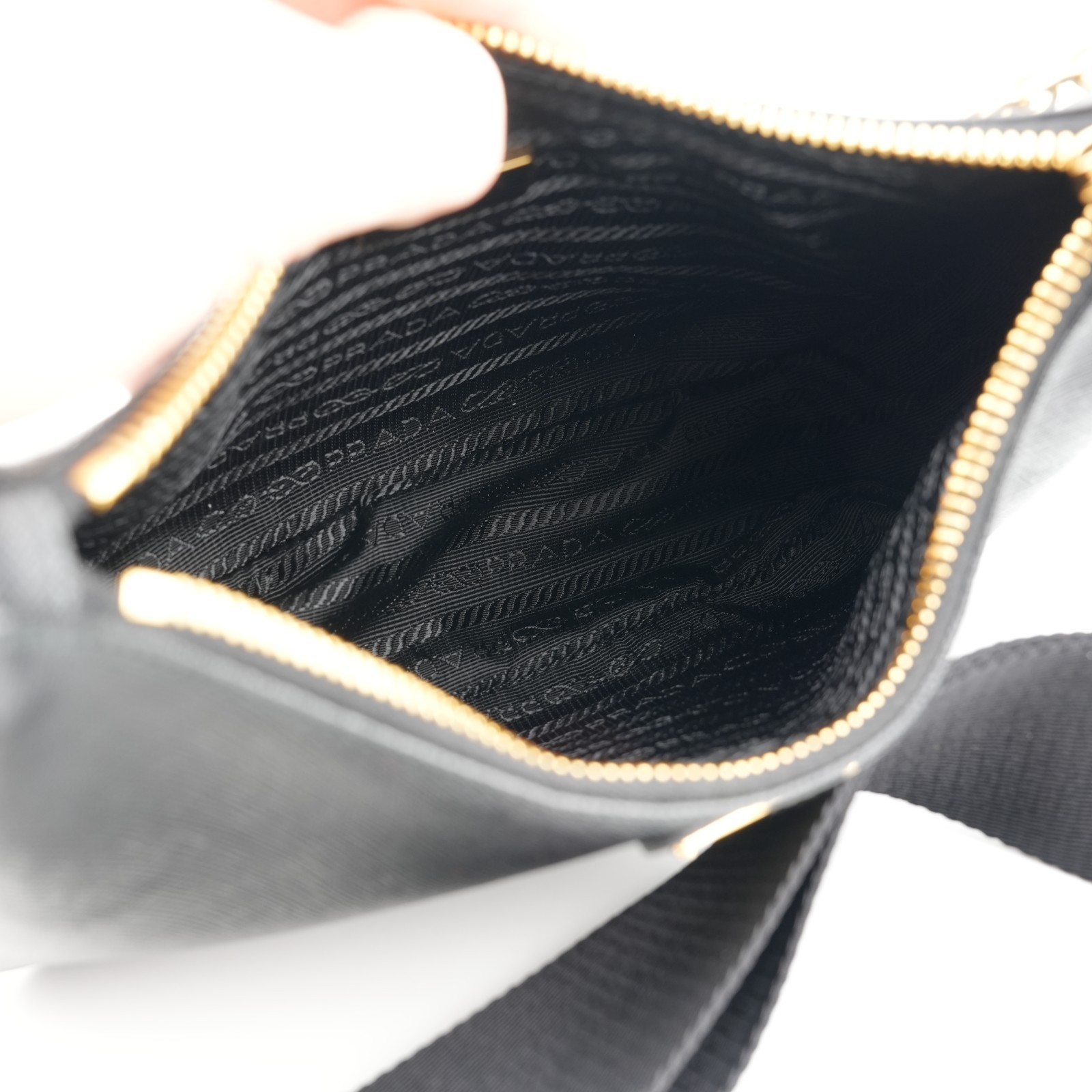 PRADA Re-Edition 2005 Black Gold Saffiano Leather Shoulder Bag with Pouch