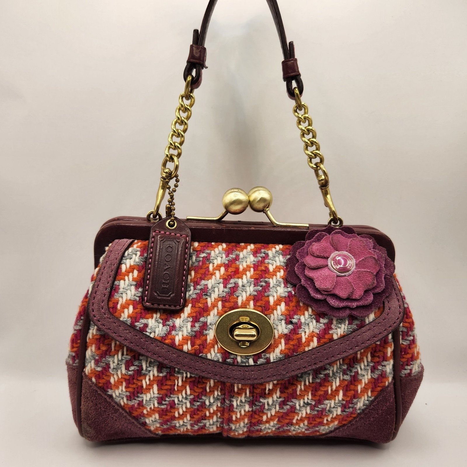 Y2K Coach Houndstooth Purple Tweed and Suede Kisslock Bag