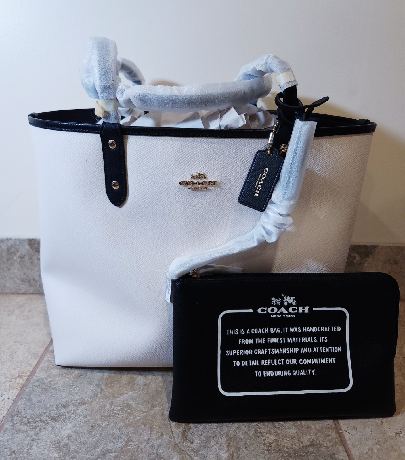 Coach Reversible City Tote Bag Pouch White Black Canvas Leather Large Travel NWT