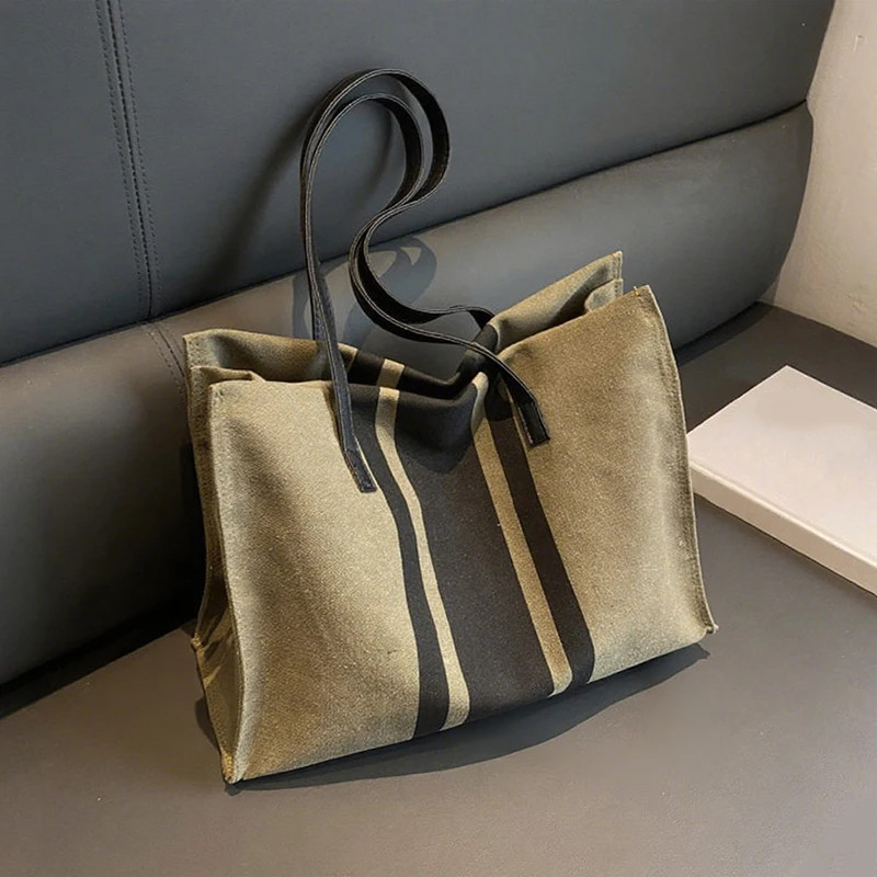 Minimalist Stripe Shoulder Bag Large Canvas Handbag for Travel Camping Portable