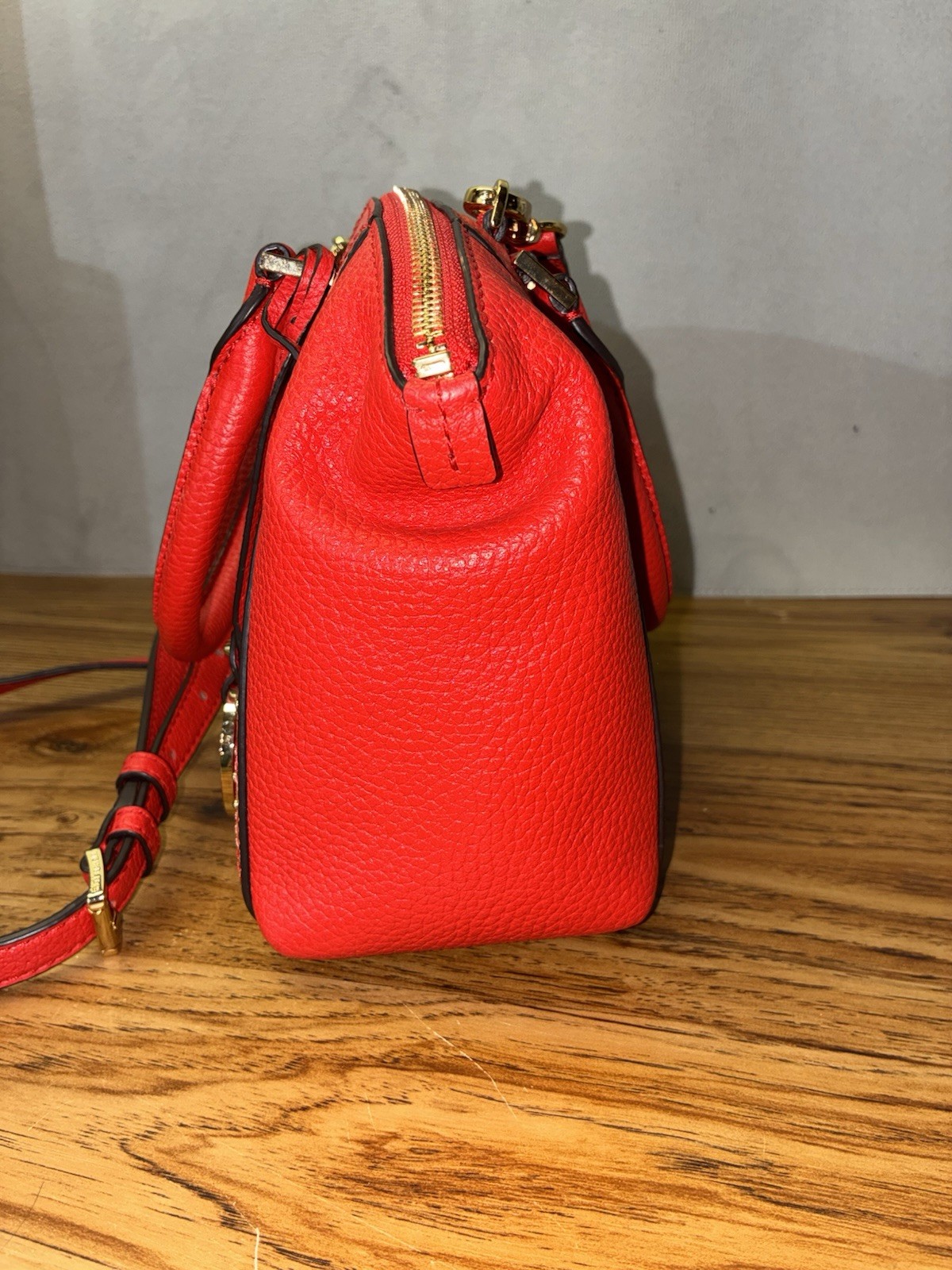 Michael Kors Red Medium Satchel Top Handle Zip Detachable Strap Studs Gold