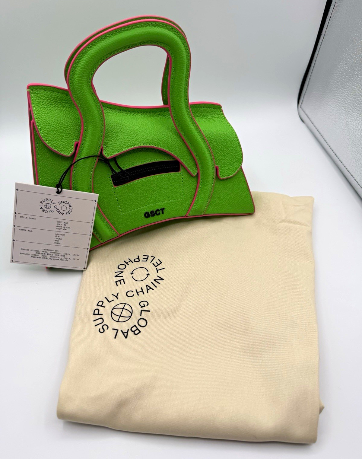 MSCHF GSCT Mini Neon Green Pink Trim NWT Dust Bag Statement Purse (MSRP $650)
