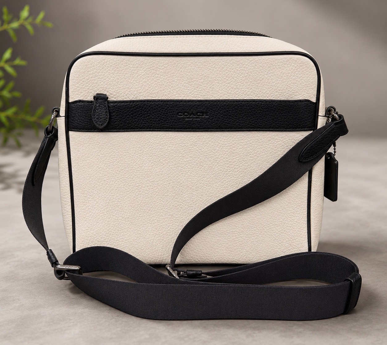 Coach “Charles” Camera Bag Crossbody White Black Pebbled Leather