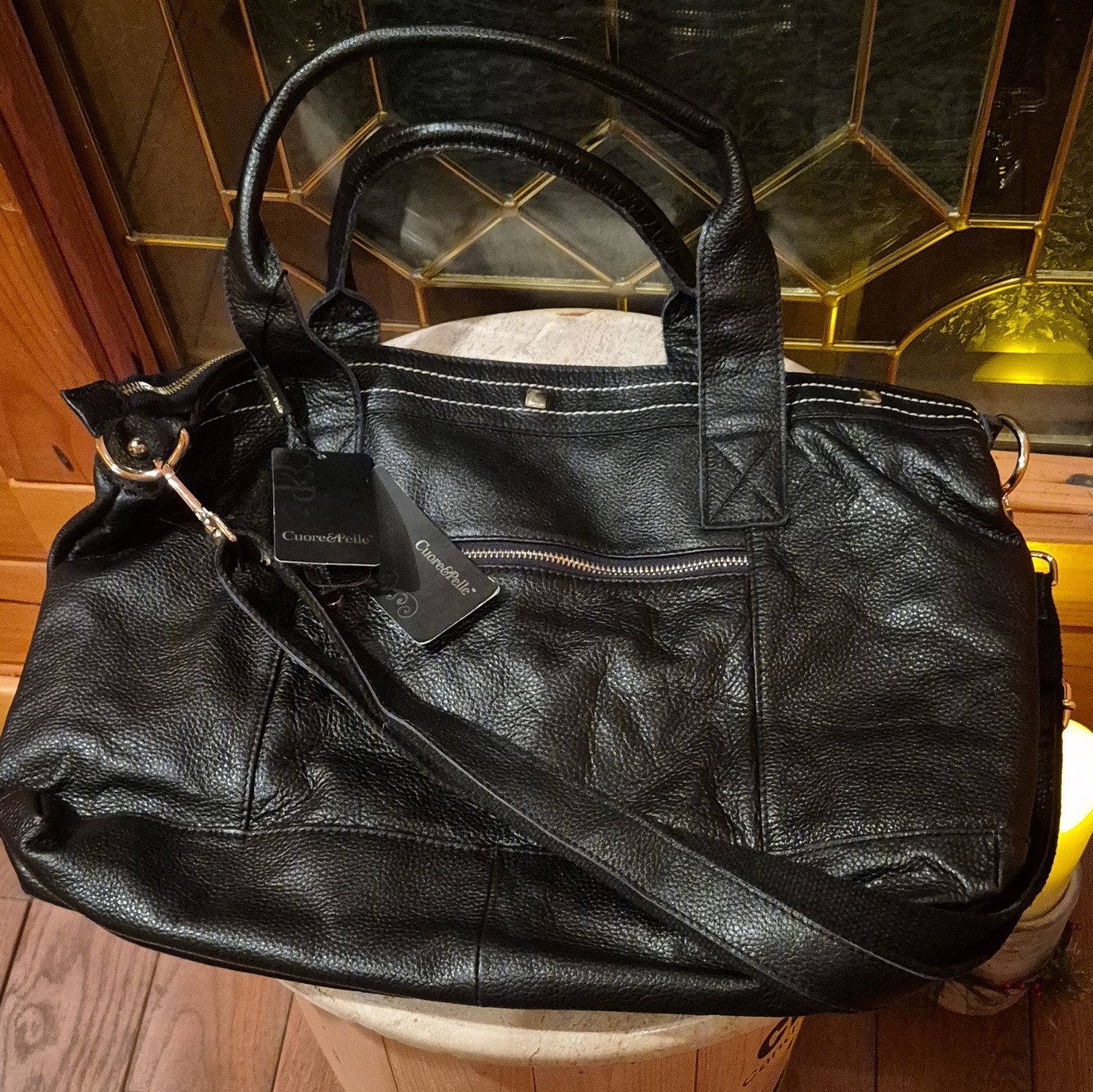 Cuore & Pelle Black Pebbled Satchel Zip Top Detachable Strap Gold