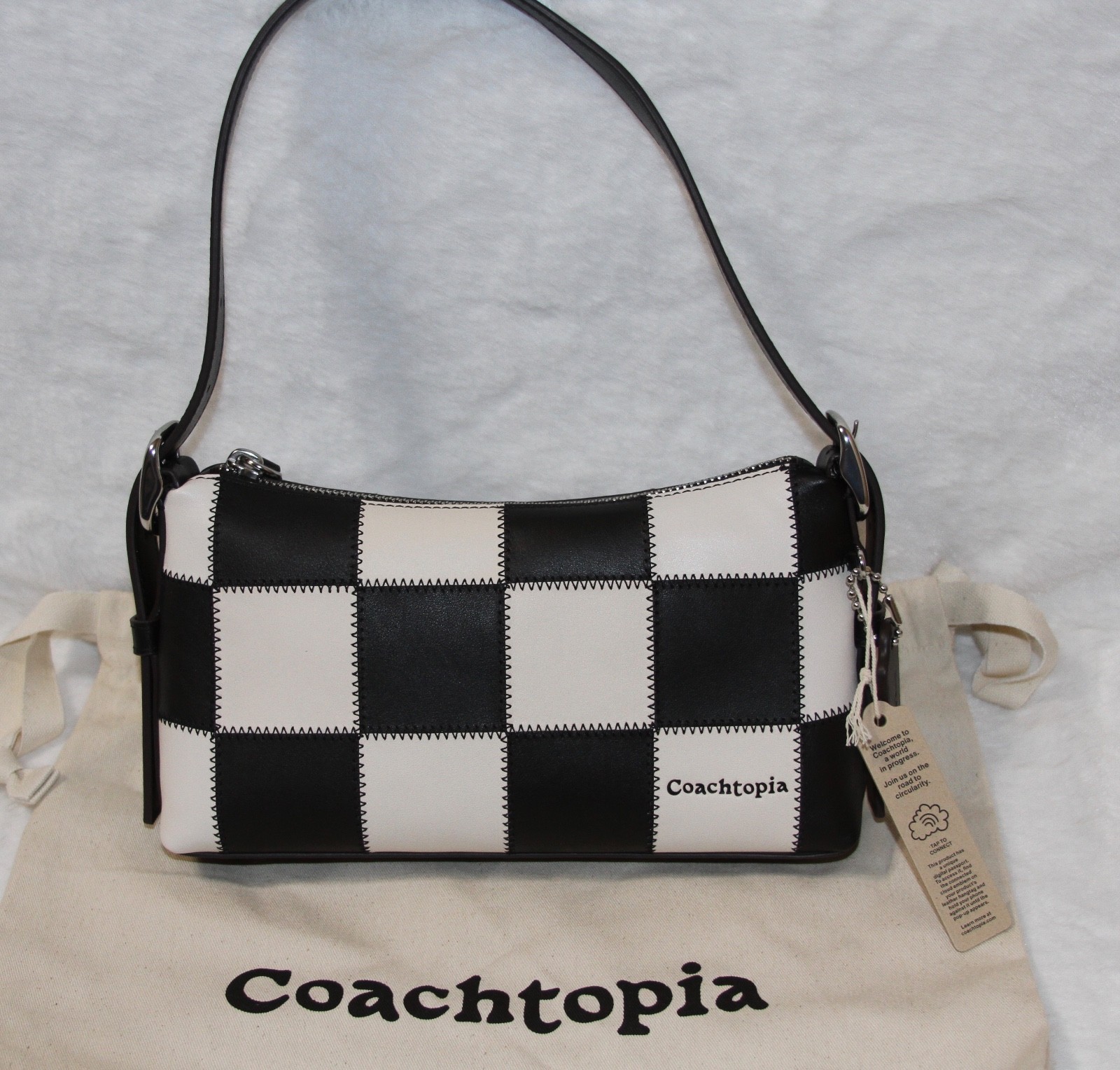 💚COACH Coachtopia Alter Ego Small Slouchy Shoulder Bag Checkerboard Black White