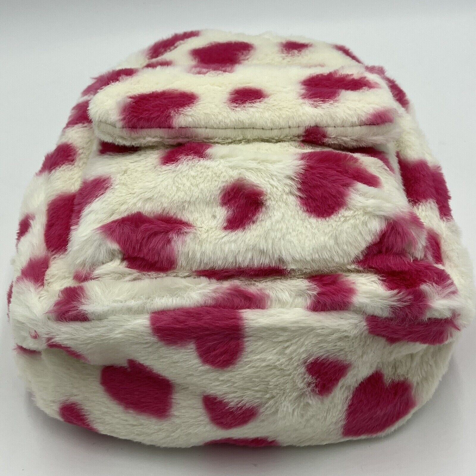 Pink Heart Print Mini Fuzzy Backpack Love Pattern Shoulder Bag White 10 x 9 in