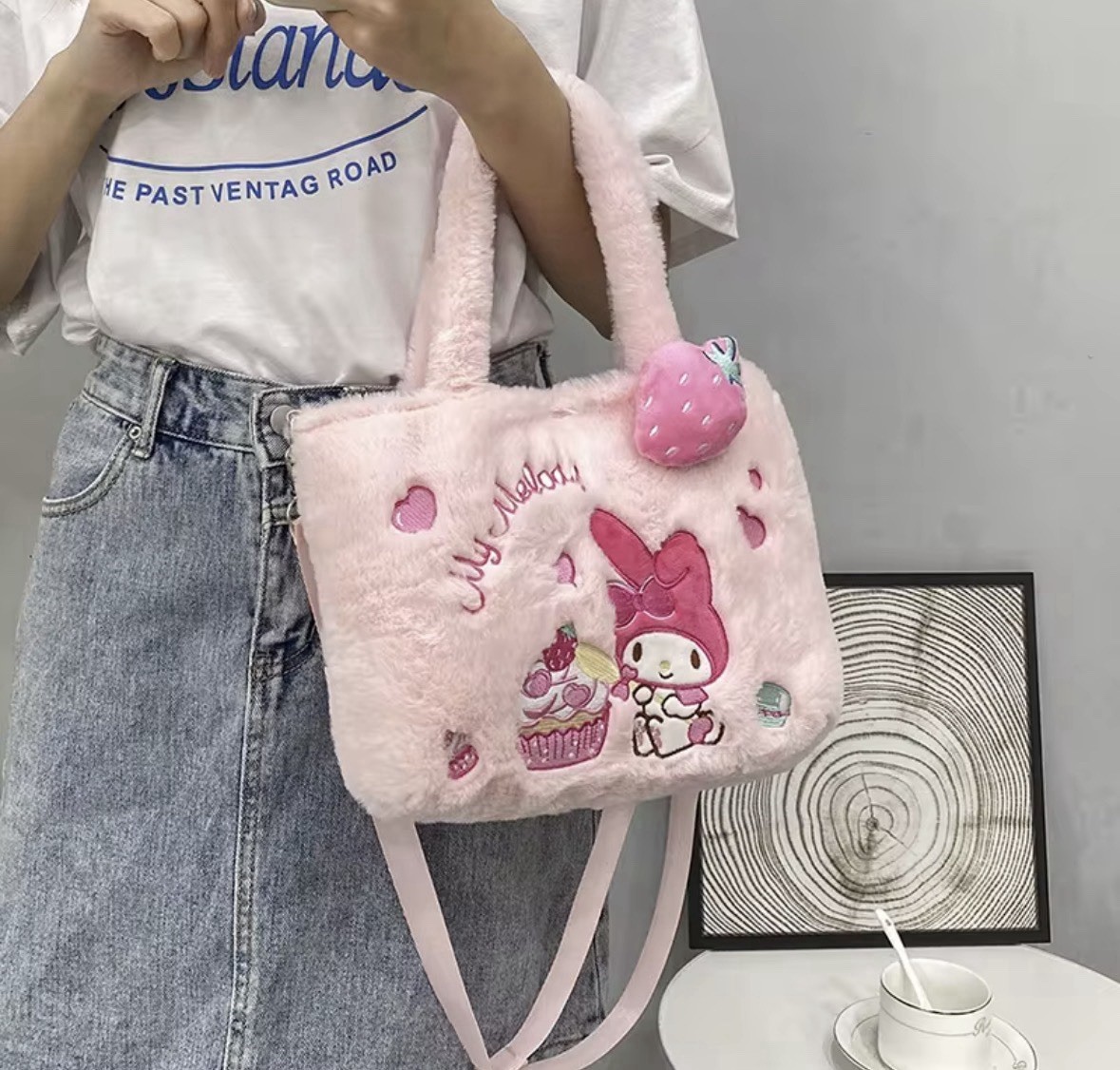 Sanrio Hello Kitty My Melody Kuromi Cinnamoroll Plush Tote Zip Strap Pink