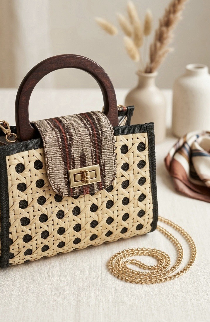 Handcrafted Artisans Solihiya Weave Top Handle Wooden Bag T’nakak Fabric