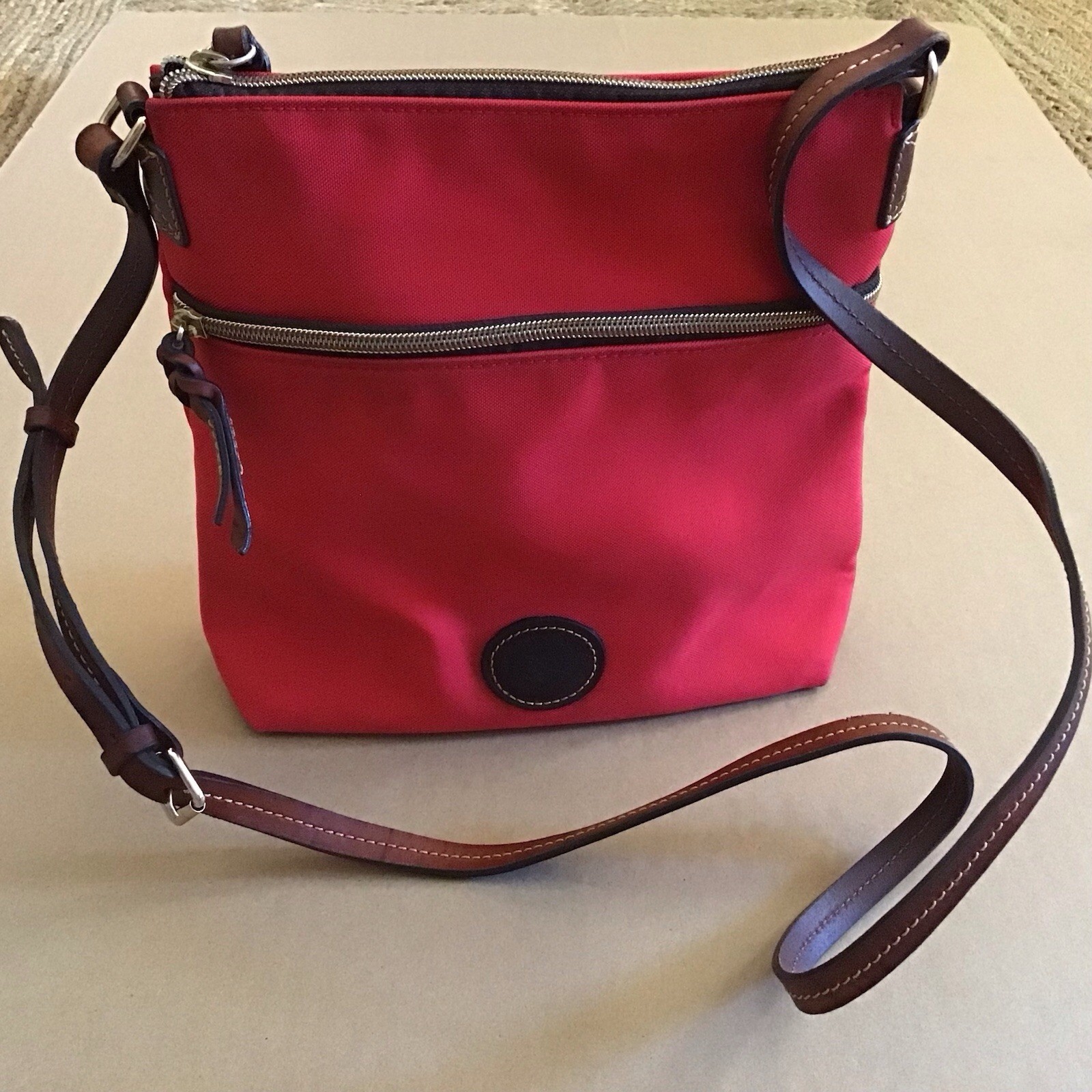 Dooney & Bourke Red Nylon Canvas Crossbody Leather Trim, Adjustable Strap
