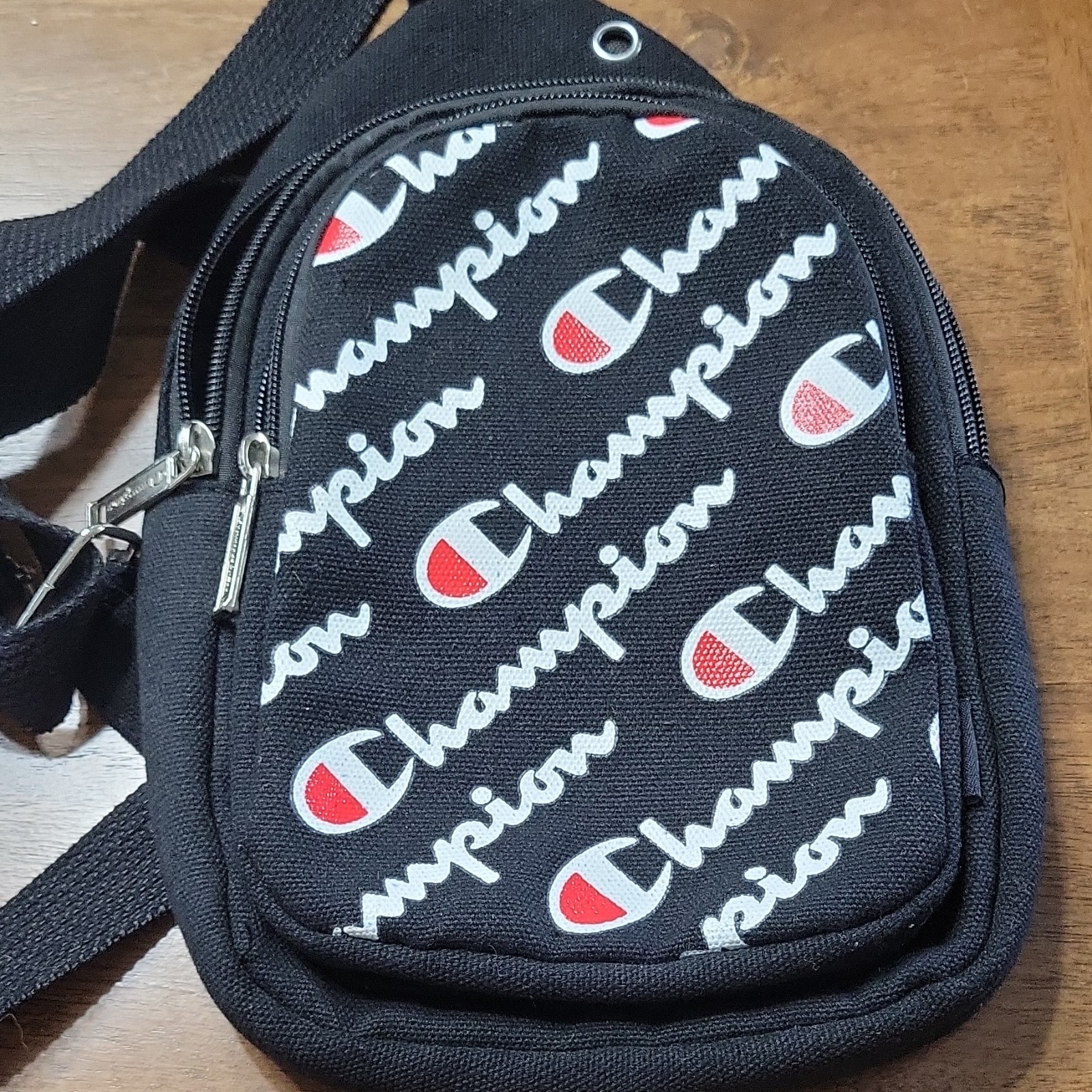 Champion Satchel Crossbody Bag Black w/ White Logo Black Interior Zipper Pockets