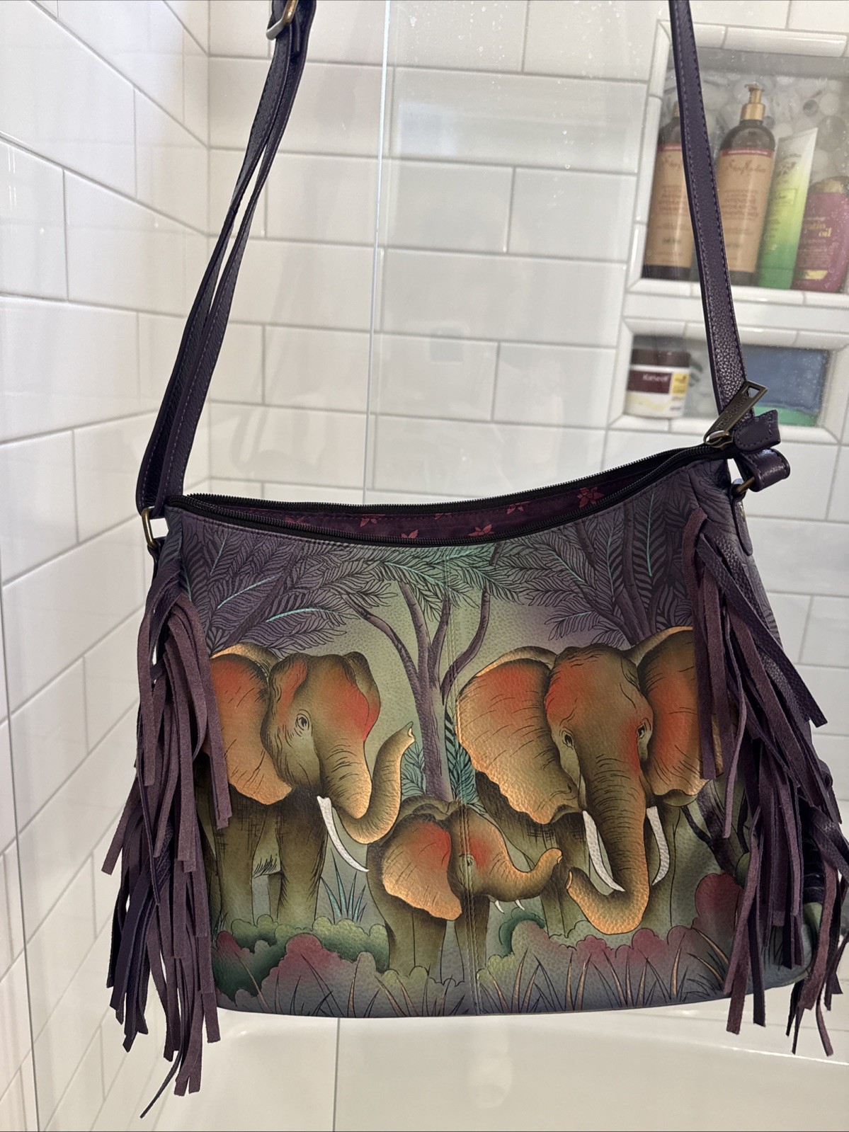 Anuschka Hand-Painted Leather Handbags Elephant with Fringe Set of 3