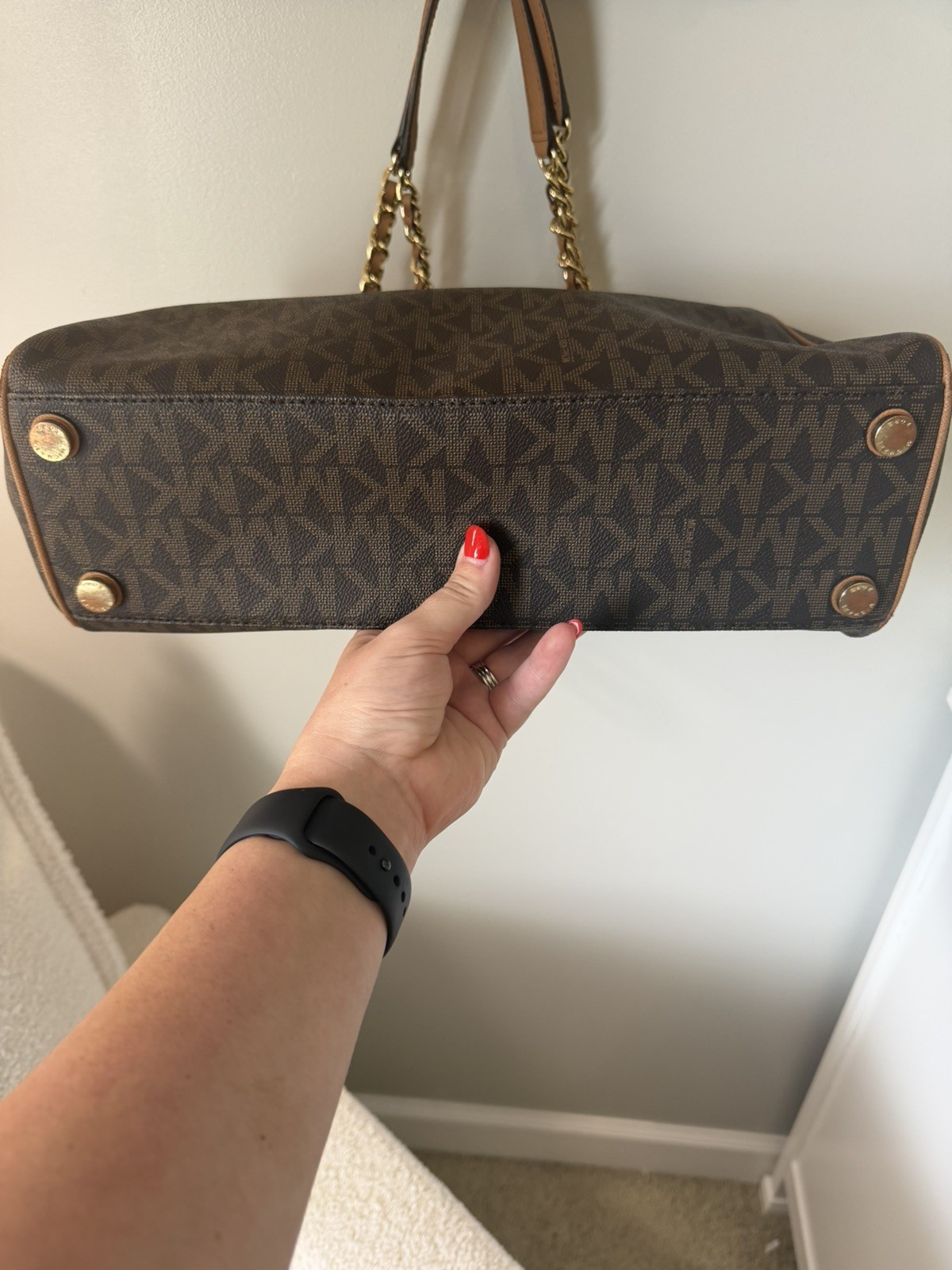 Michael Kors Monogram Tote Bag Brown Chain Gold Hardware Charm Multi Pocket