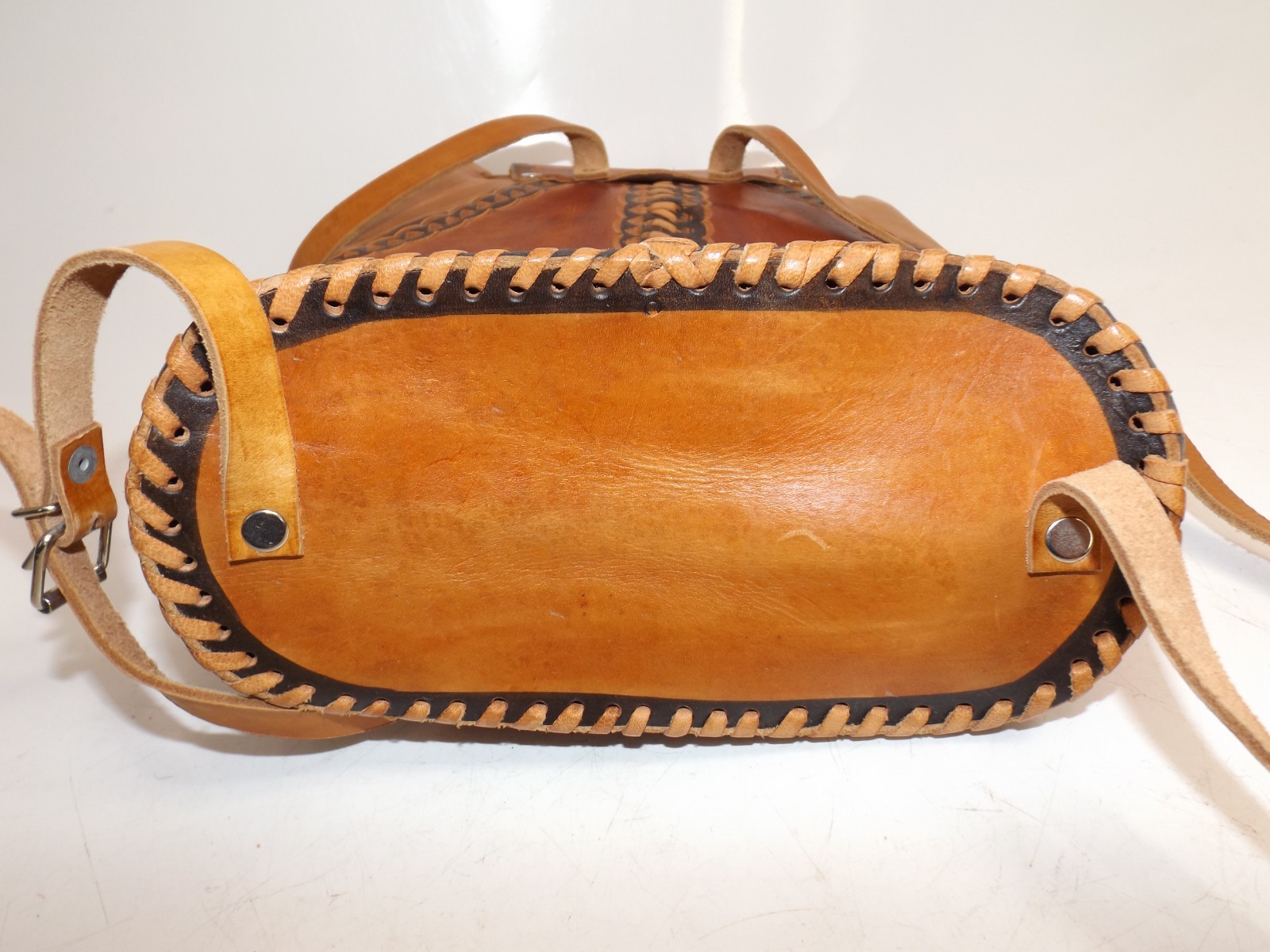 Leather Tooled & Stiched Backpack Purse Aztec design 13 x 9 x 5″