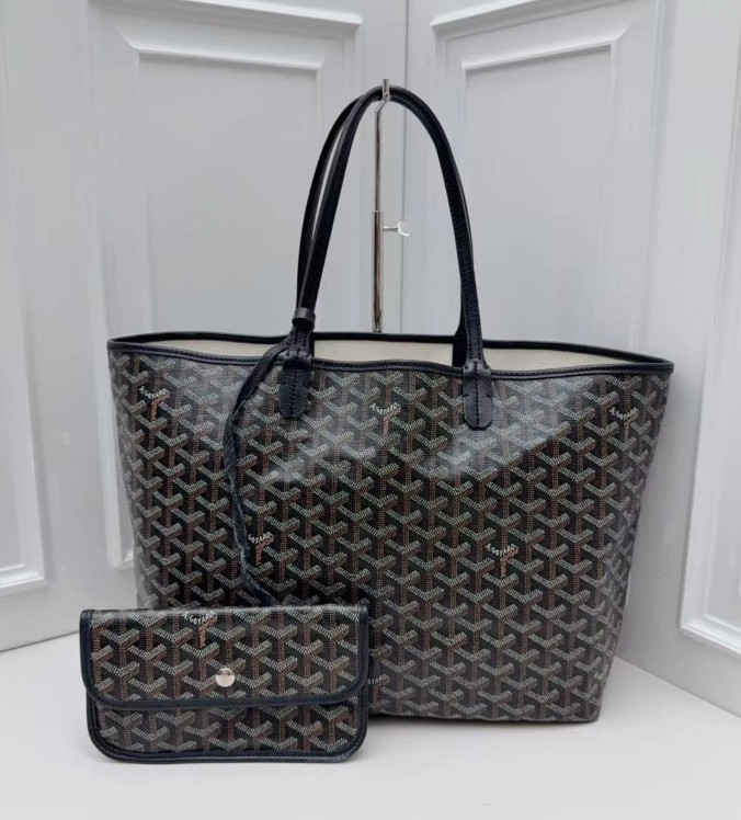 Goyard Saint‑Louis PM Small Tote Bag Black‑Brown Goyardine Canvas Calf Leather
