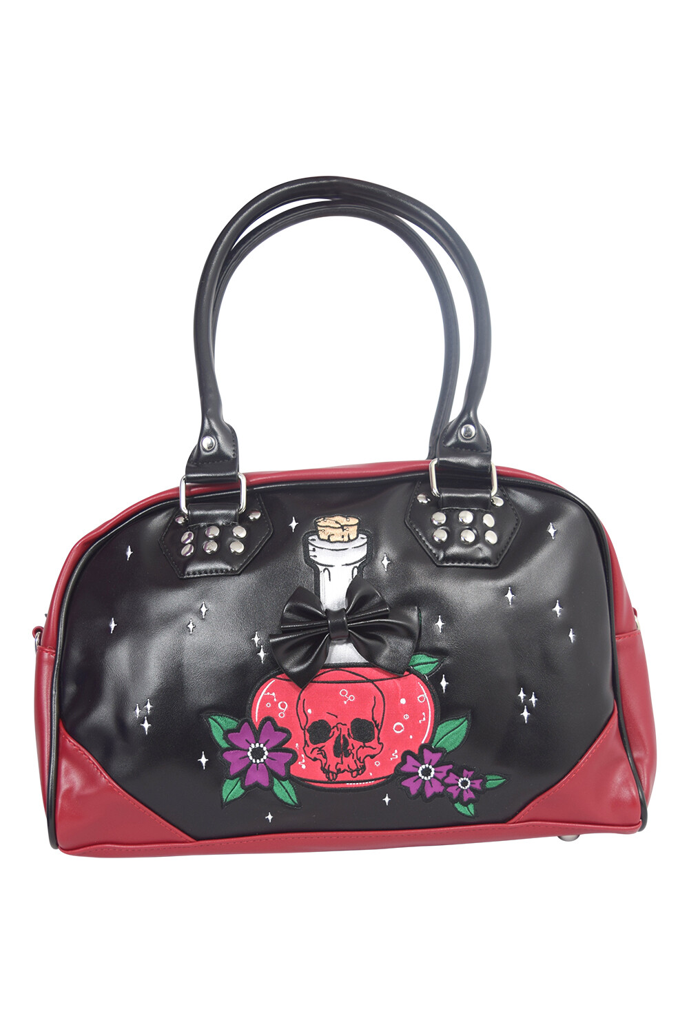 Y2K Gothic Embroidered Poison Bottle Bowler Handbag Purse – Red Black Lost Queen
