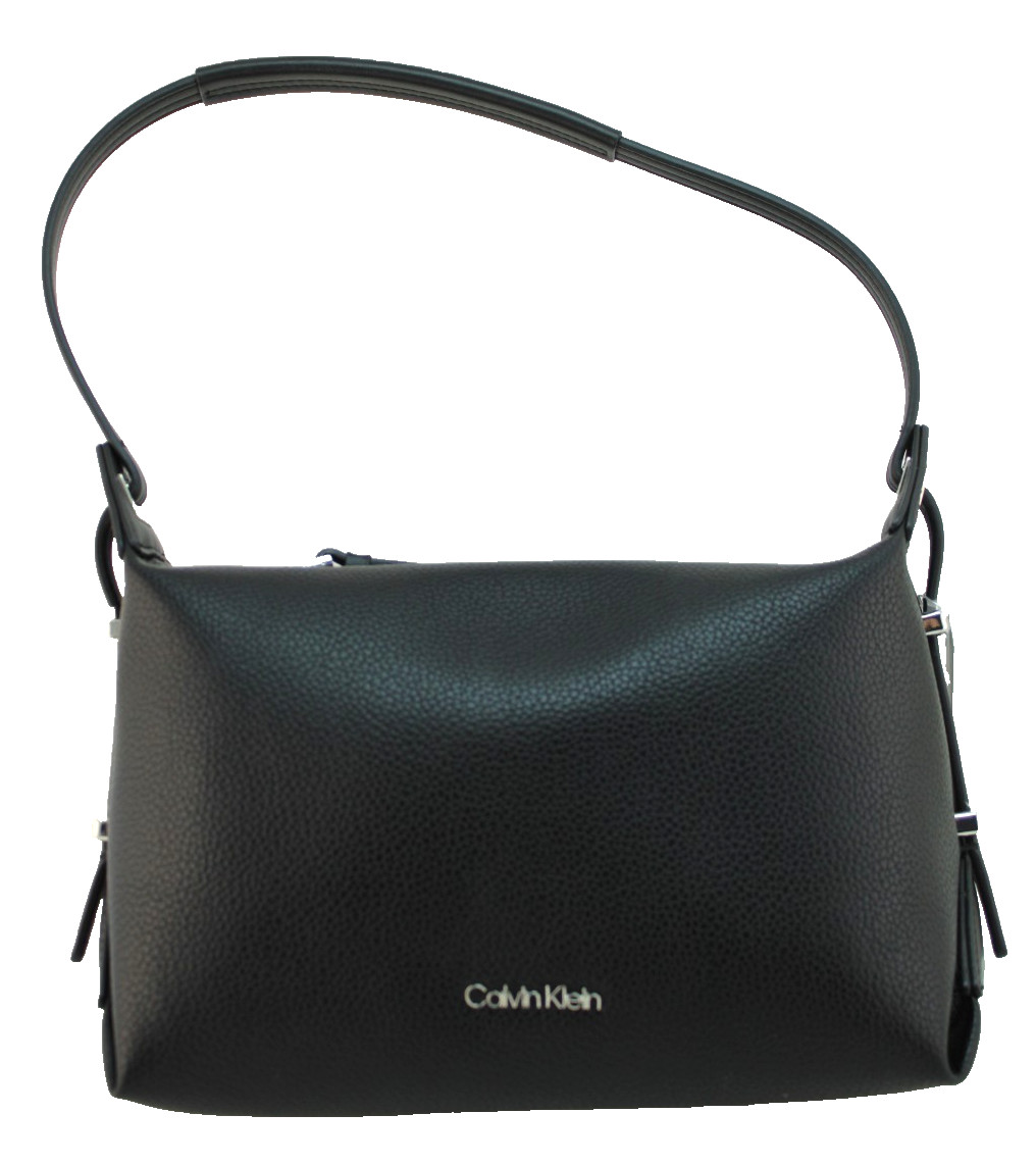 CALVIN KLEIN Black Pebbled Leather Silver Logo Hobo Shoulder Handbag MSRP $148