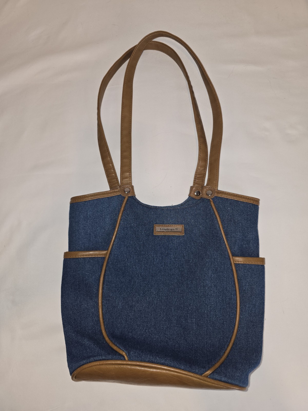 Longaberger Denim Tote Bag Faux Leather Trim Shoulder Purse Pockets Blue Tan Vtg