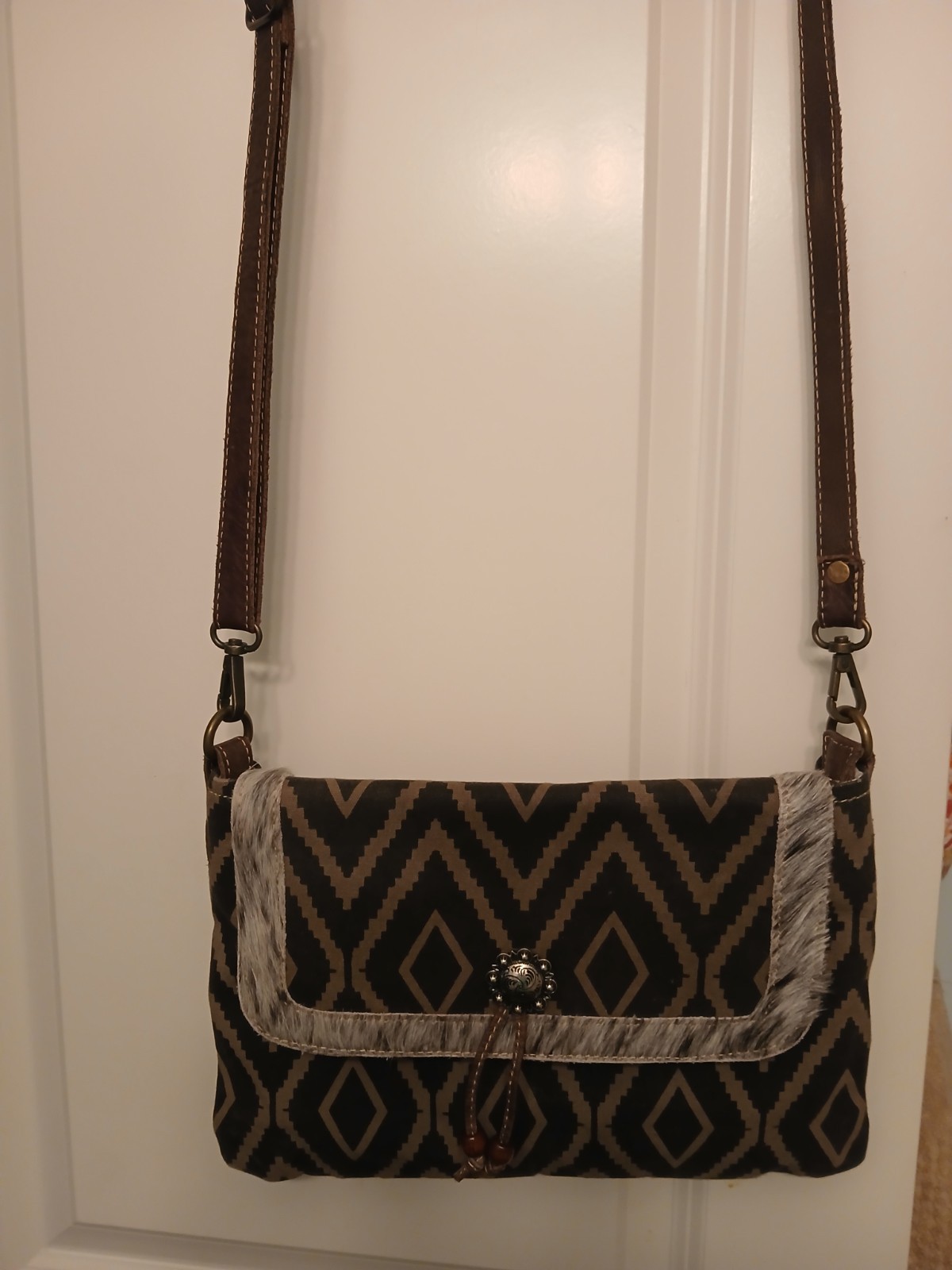 Myra Bag Cotton & Cowhide Crossbody Leather Straps Lined, Inner Pockets