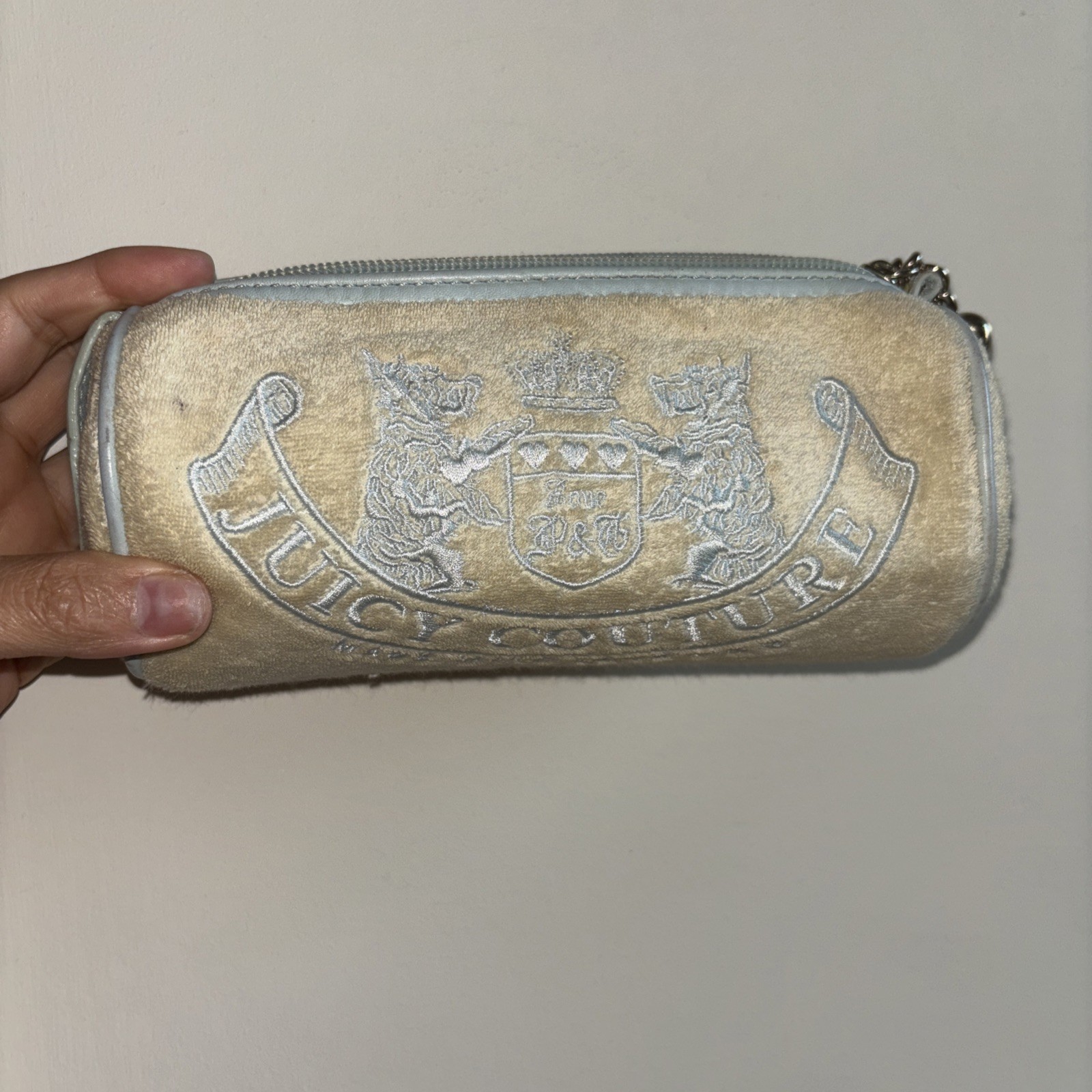 Vintage Juicy Couture Barrel Pouch Blue And White Stained