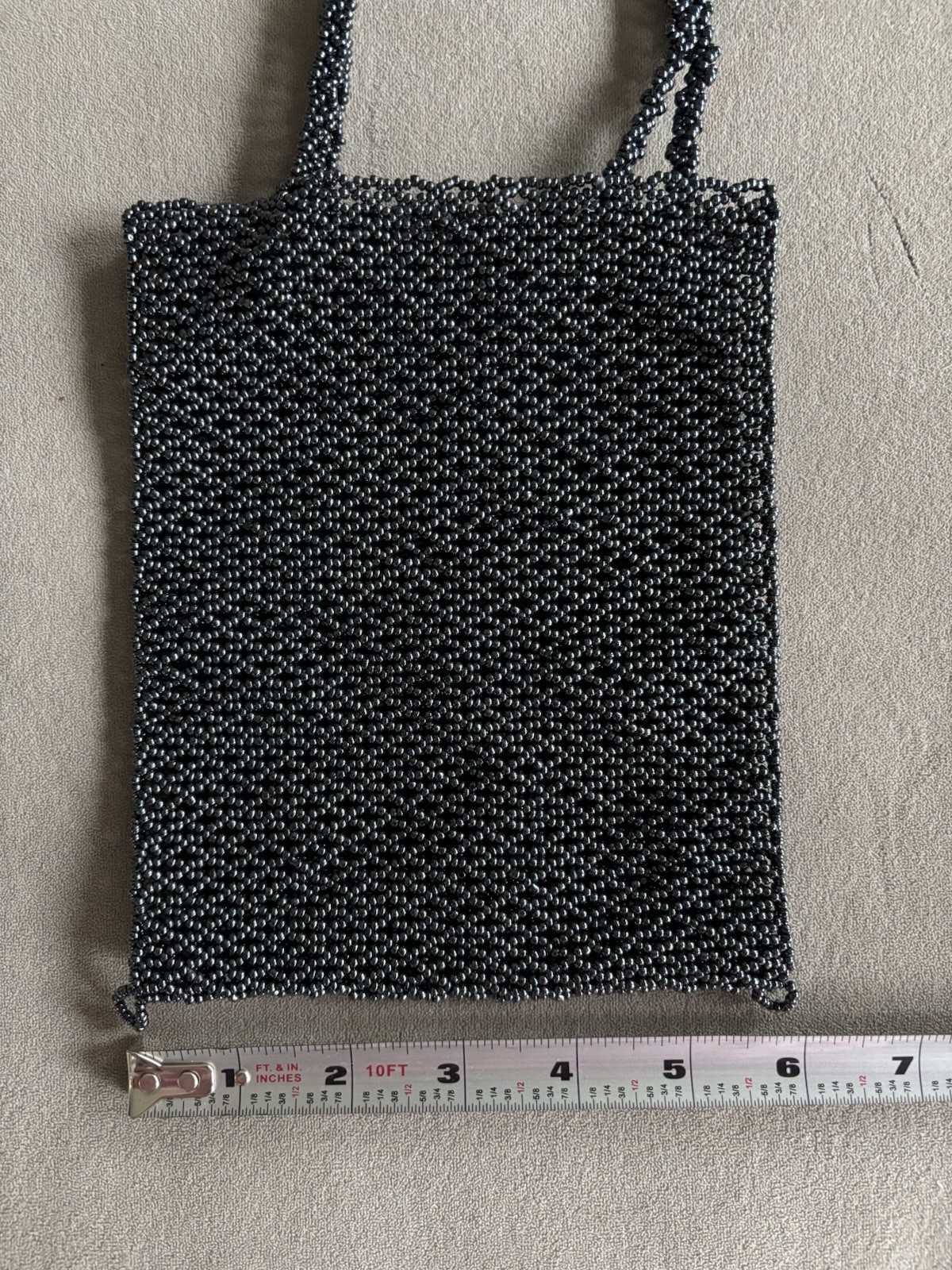 Fully beaded mini tote handbag in black – gray for any occasion.