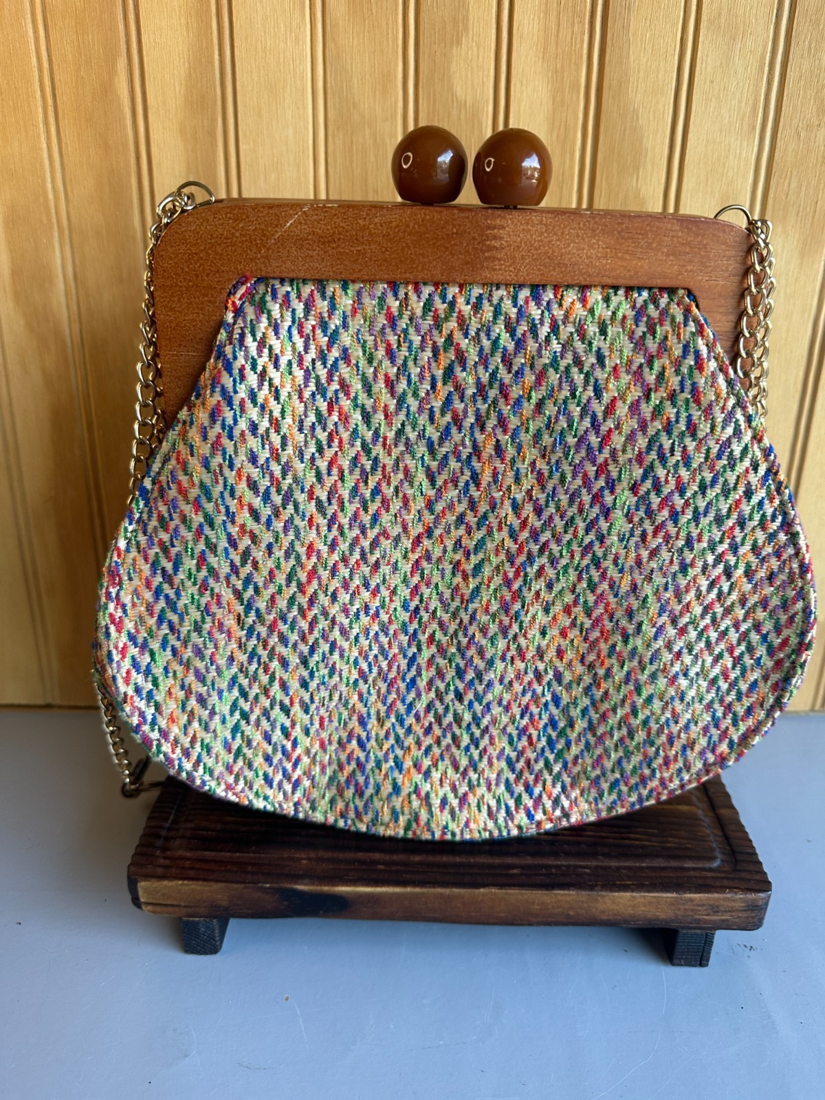 Mezon Wooden Knob Magnetic Closure Frame Woven Fabric Boho Retro Shoulder Bag