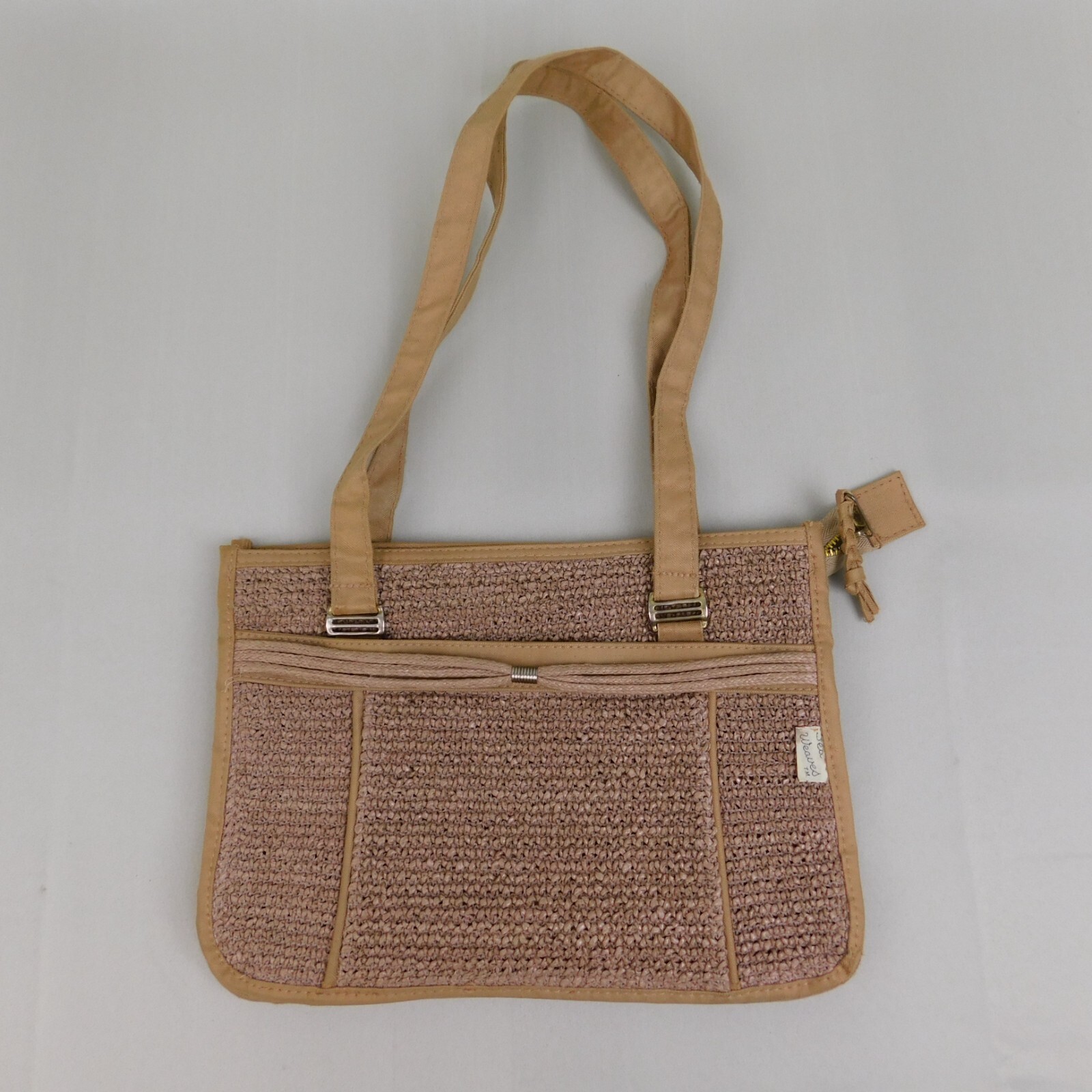 Vintage Sea Weaves Canvas & Woven Straw Shoulder Bag – Beige #7463
