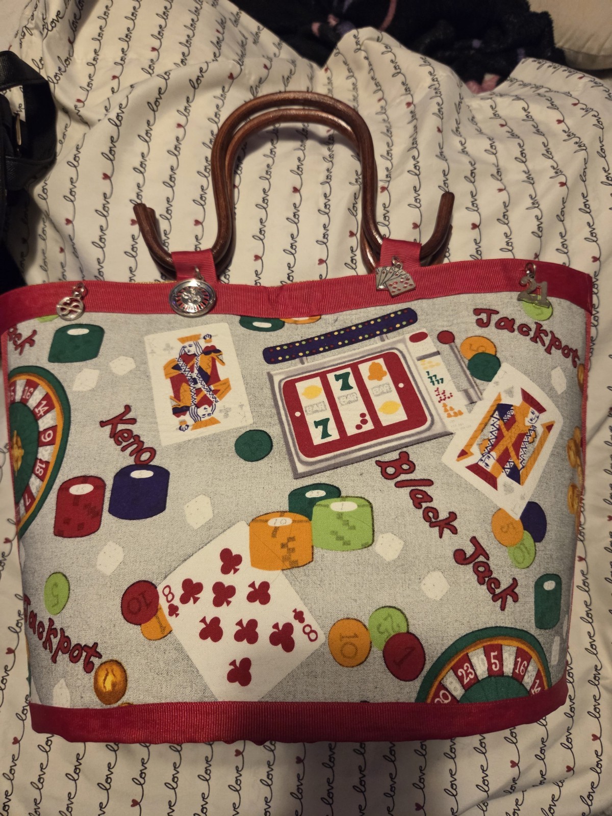 Women’s Casino Novelty Print Tote Bag Lined Snap Closure Wood Handles Charm Y2K