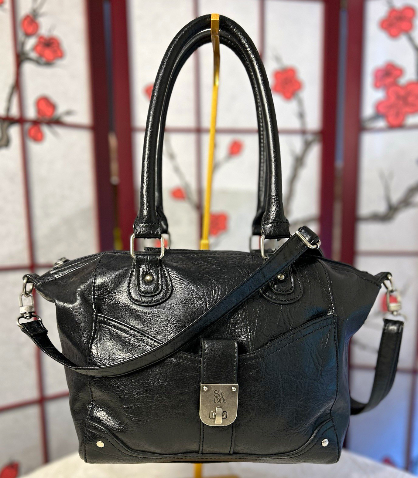 Style&co. Black Satchel Top Handle Detachable Strap Zip Pockets Silver Hardware