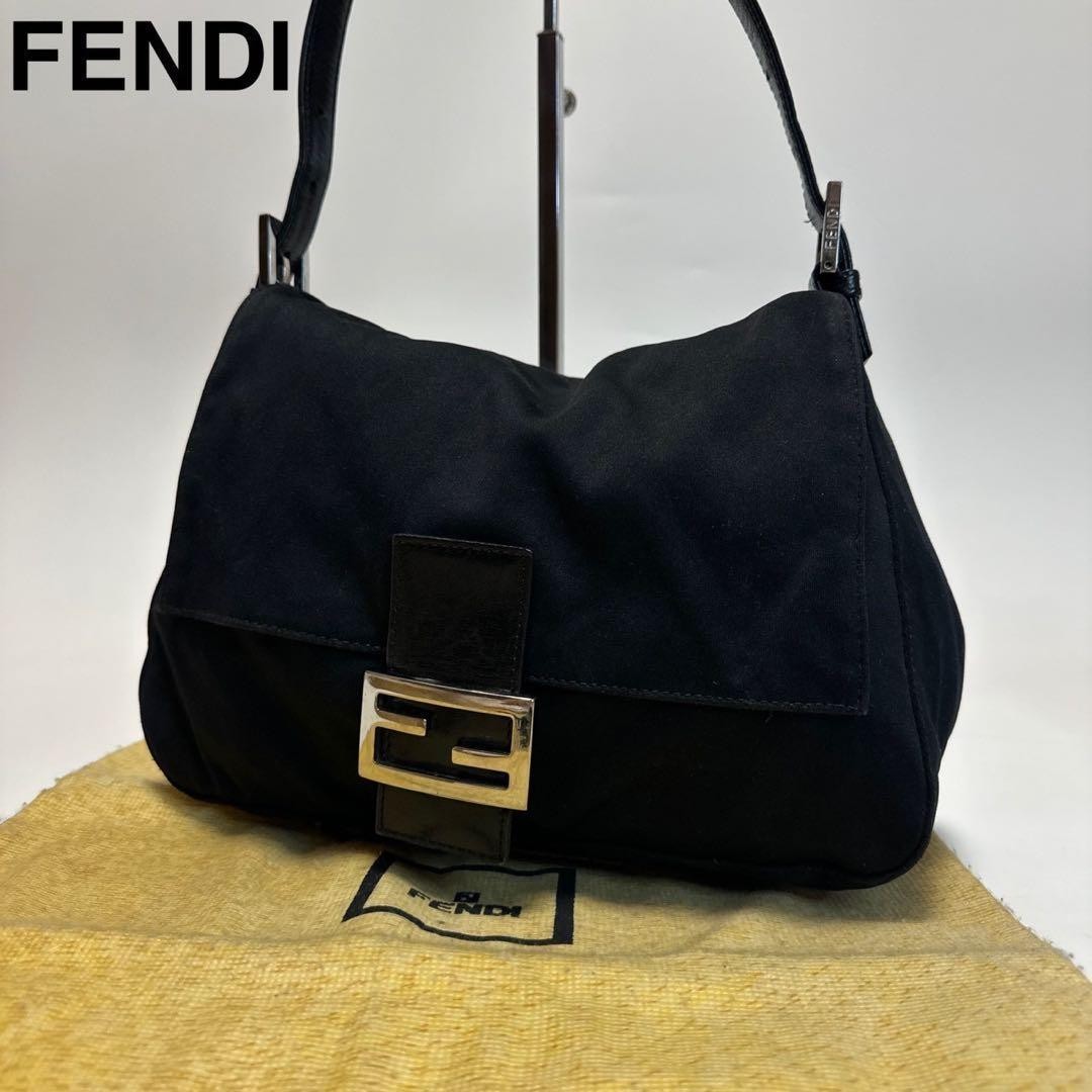 FENDI Mamma Baguette FF Logo Shoulder Bag Black Cotton Jersey Leather W/Dust Bag