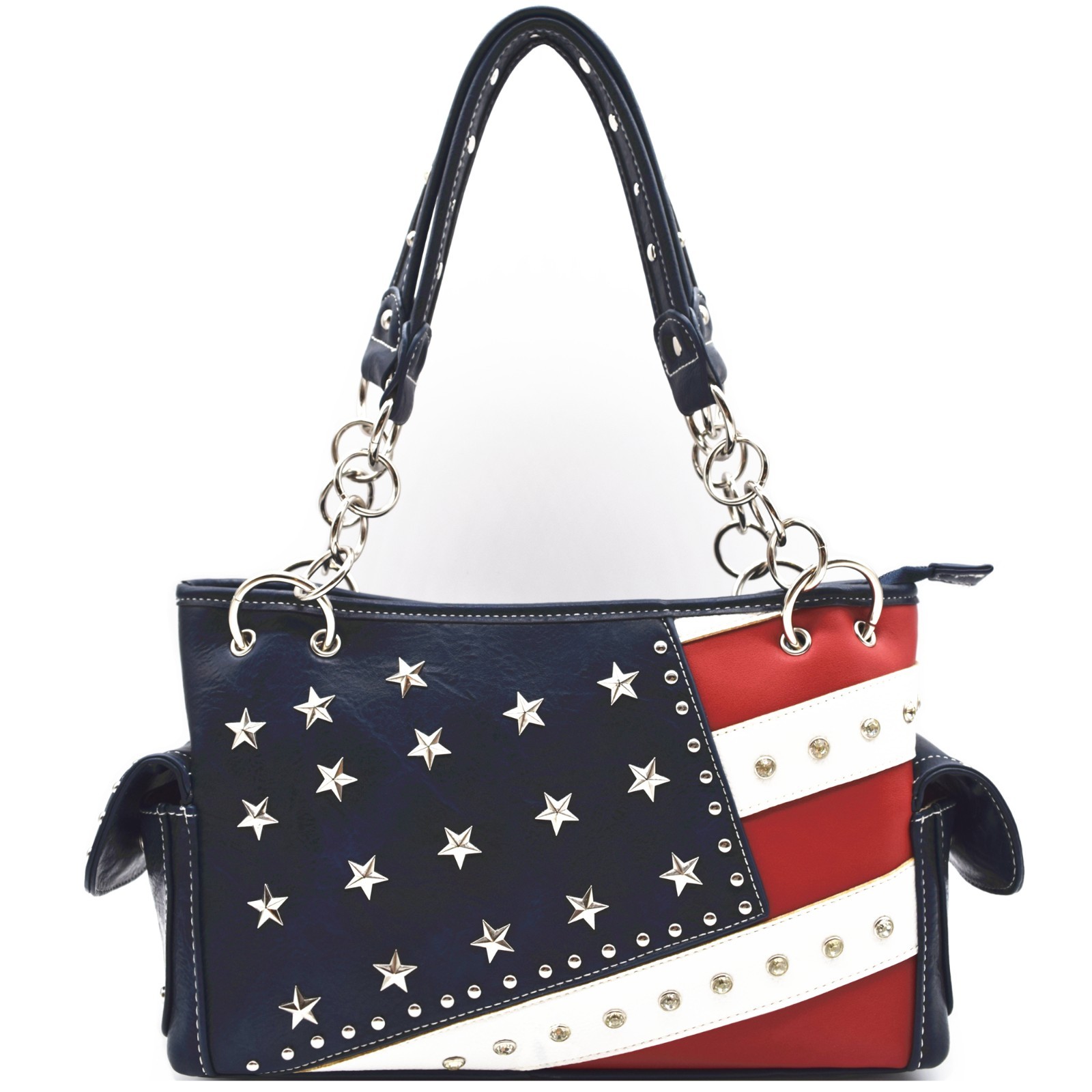 Diagonal American Flag Carry Purse Patriotic Handbag Rhinestone Satchel Bag BL