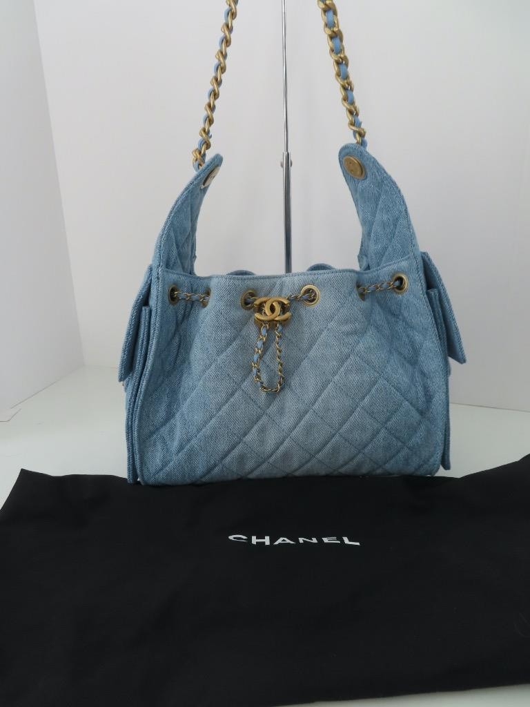 CHANEL Blue Washed Quilted Denim/Gold-Tone Hardware ‘Chanel 25’ Small Handbag