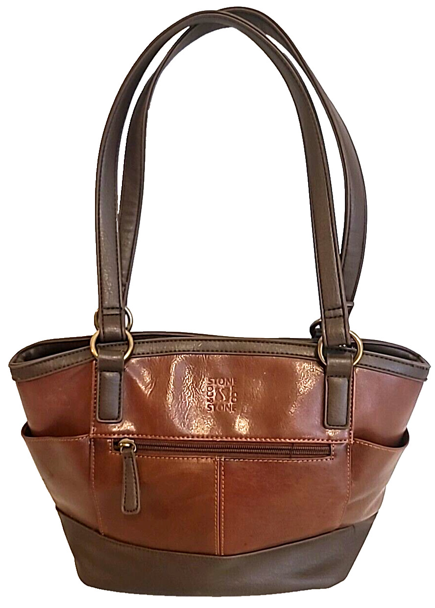 Stone & Company Leather Purse Shoulder Bag 2 Tone Brown Double Handle W/ Pockets