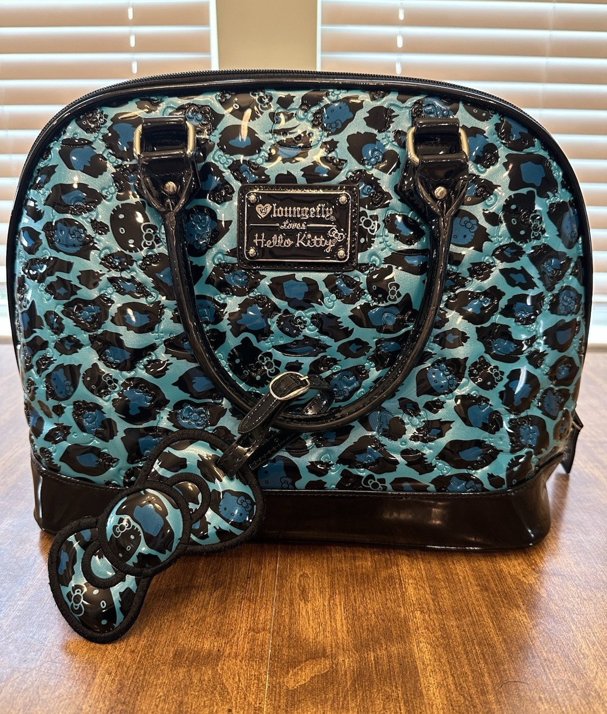 Loungefly x Hello Kitty Turquoise Leopard Patent Embossed Dome Bowler Bag Purse