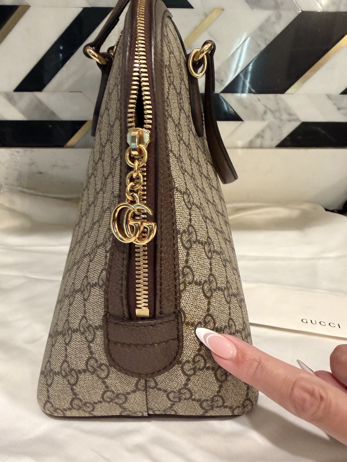 Gucci GG Monogram Web Stripe Top Handle Satchel Zip Bag w/ Detachable Strap