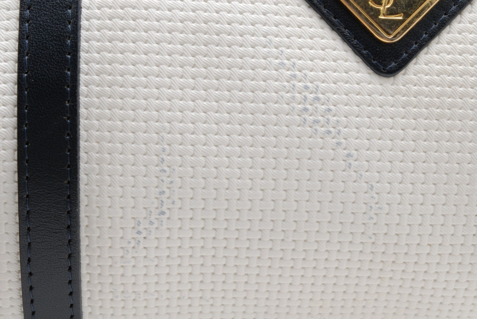 Yves Saint Laurent Vintage White Navy Boston Handbag Gold Logo YSL