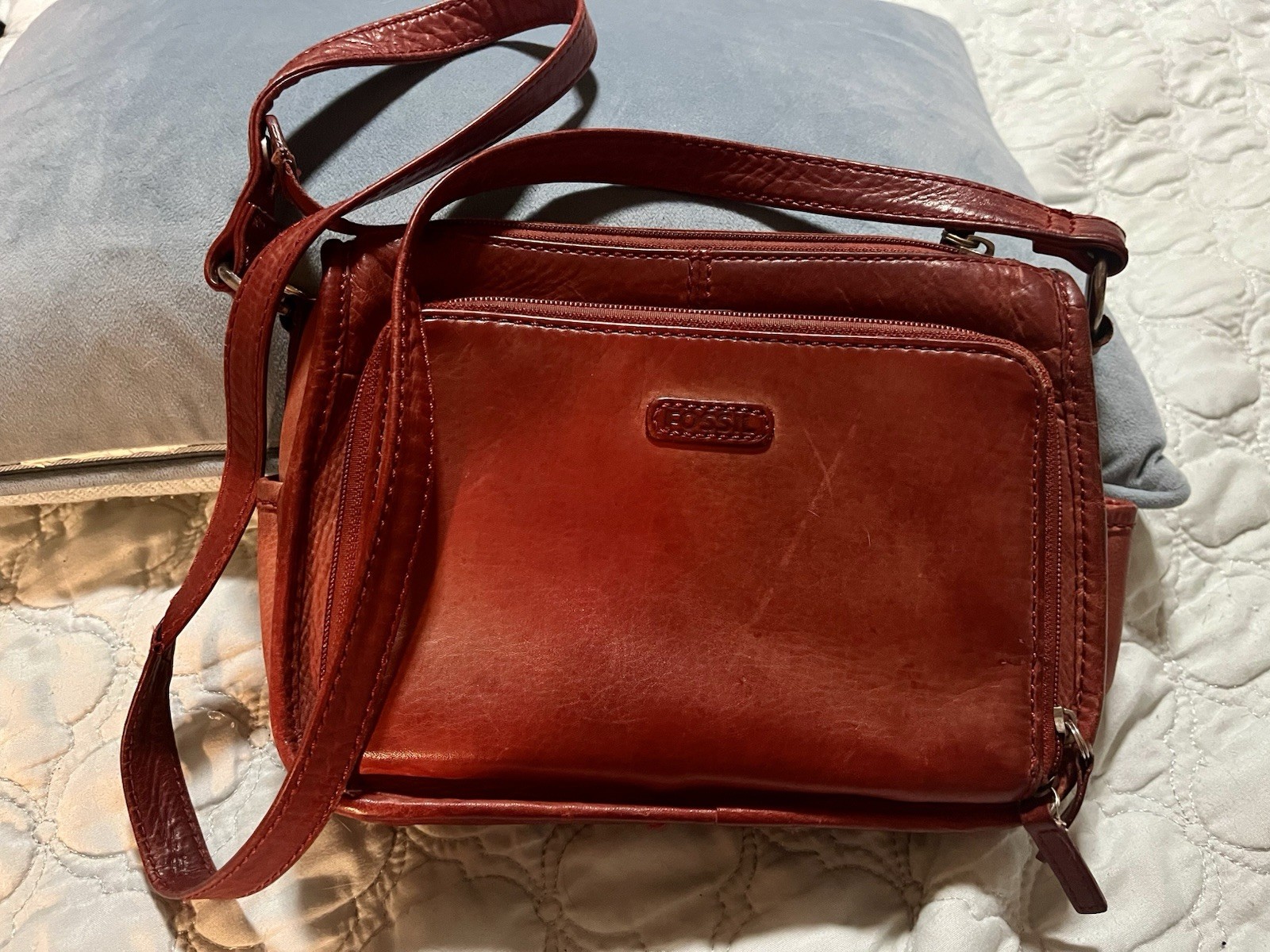 Fossil Red Leather Shoulder Bag Vintage Crossbody Purse Organizer