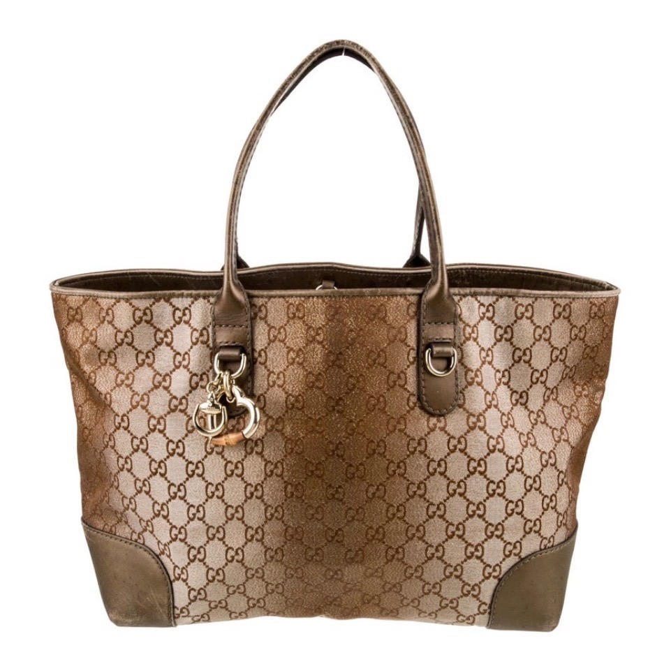 Gucci GG Lurex Bit Tote Metallic Bronze Brown Horsebit Bamboo Charm Shoulder Bag