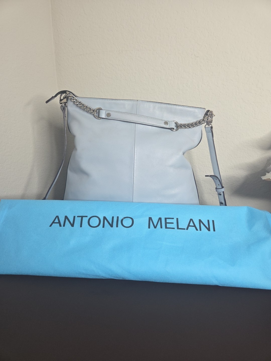 Antonio Melani Light Blue Leather Hobo Tote Bag Chain Strap w/ Dust Bag