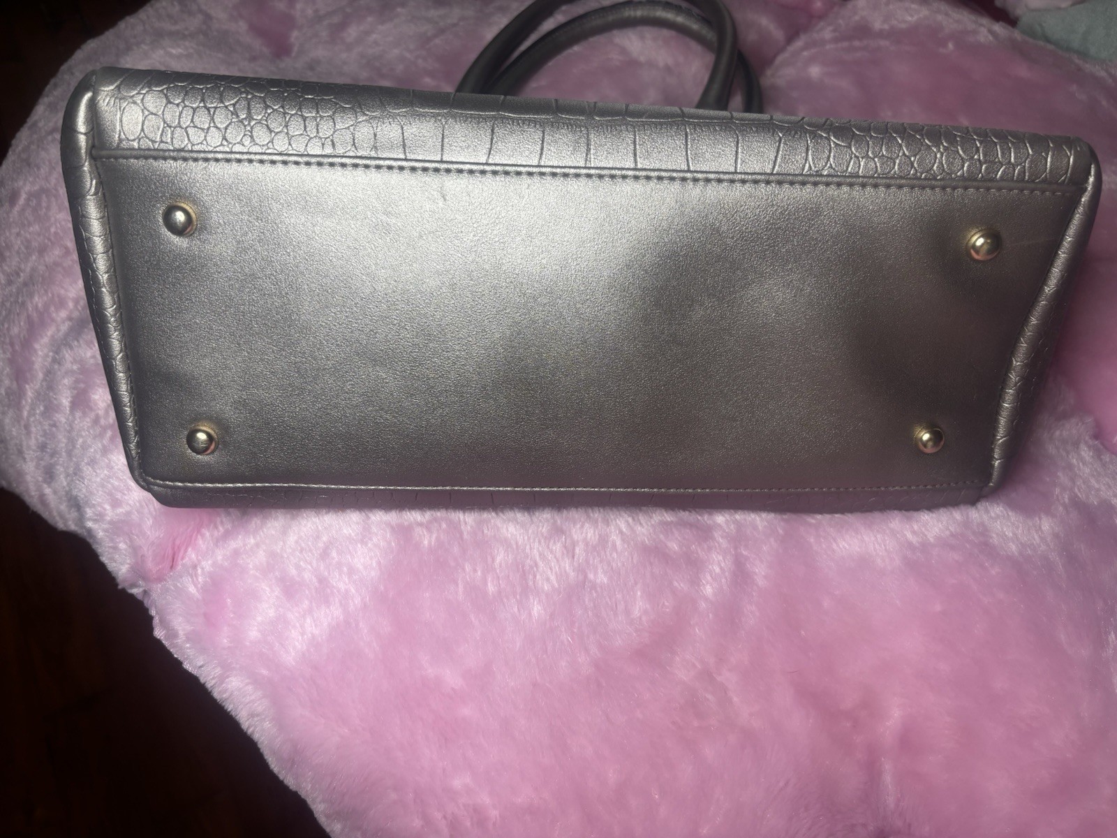 Black Croc Embossed Tote Bag Double Handles Gold Hardware Buckle Bottom Studs