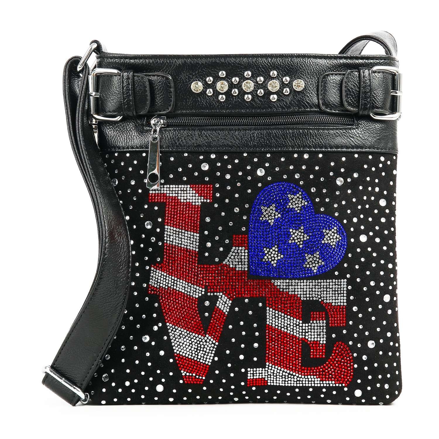 Americana Rhinestone Love Flag Crossbody Bag Women Patriotic Bling Purse