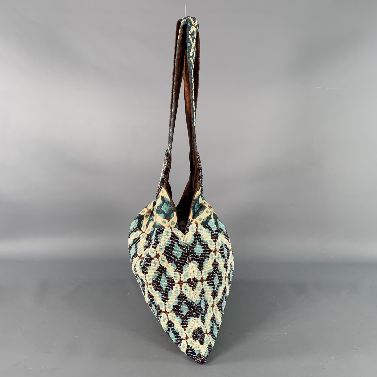 MURIEL BRANDOLINI Blue Brown White Beaded Hand Embroidered Cotton Handbag