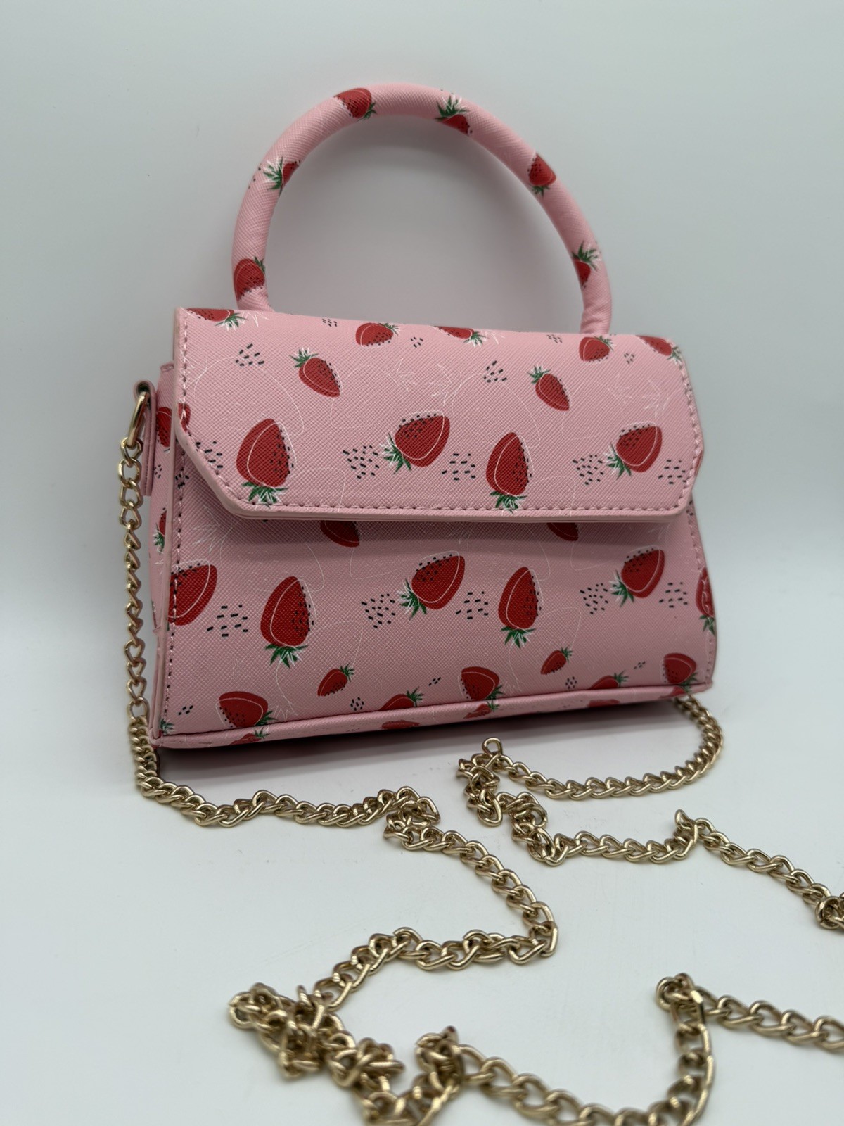 Cute Strawberry Print Mini Top Handle Crossbody Satchel Purse Pink w/ Strap NEW